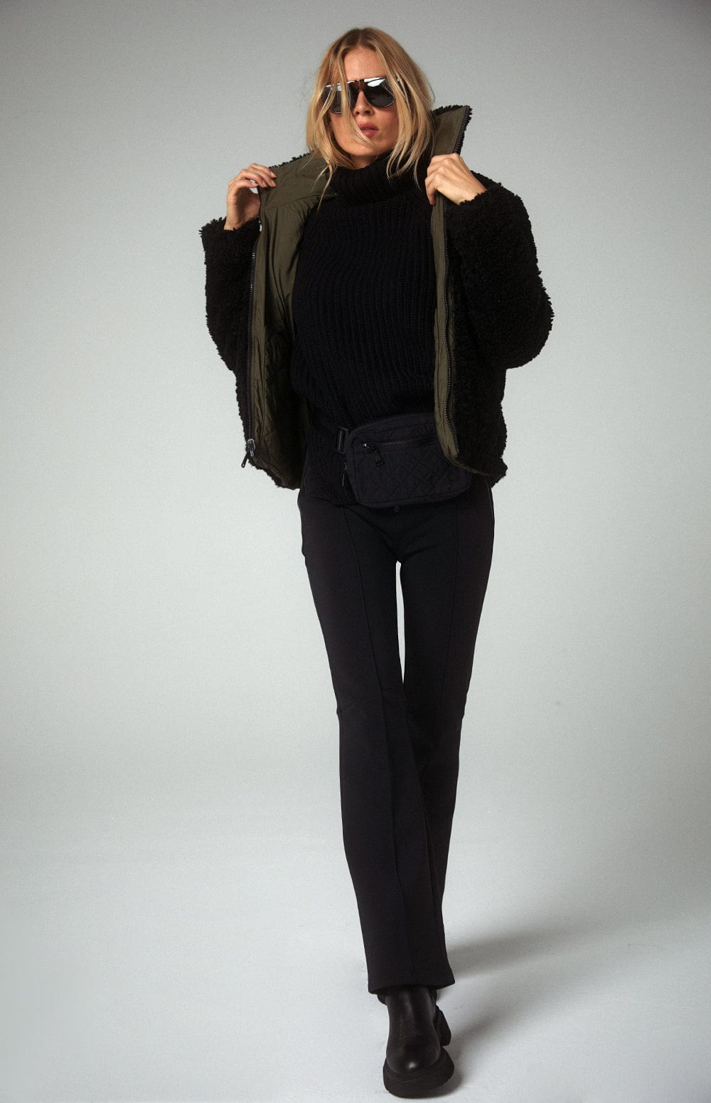 Amal Reversible Aviator Jacket by Alp N Rock, Women's Dark Green Aviator Jacket With Black Shearling Inside