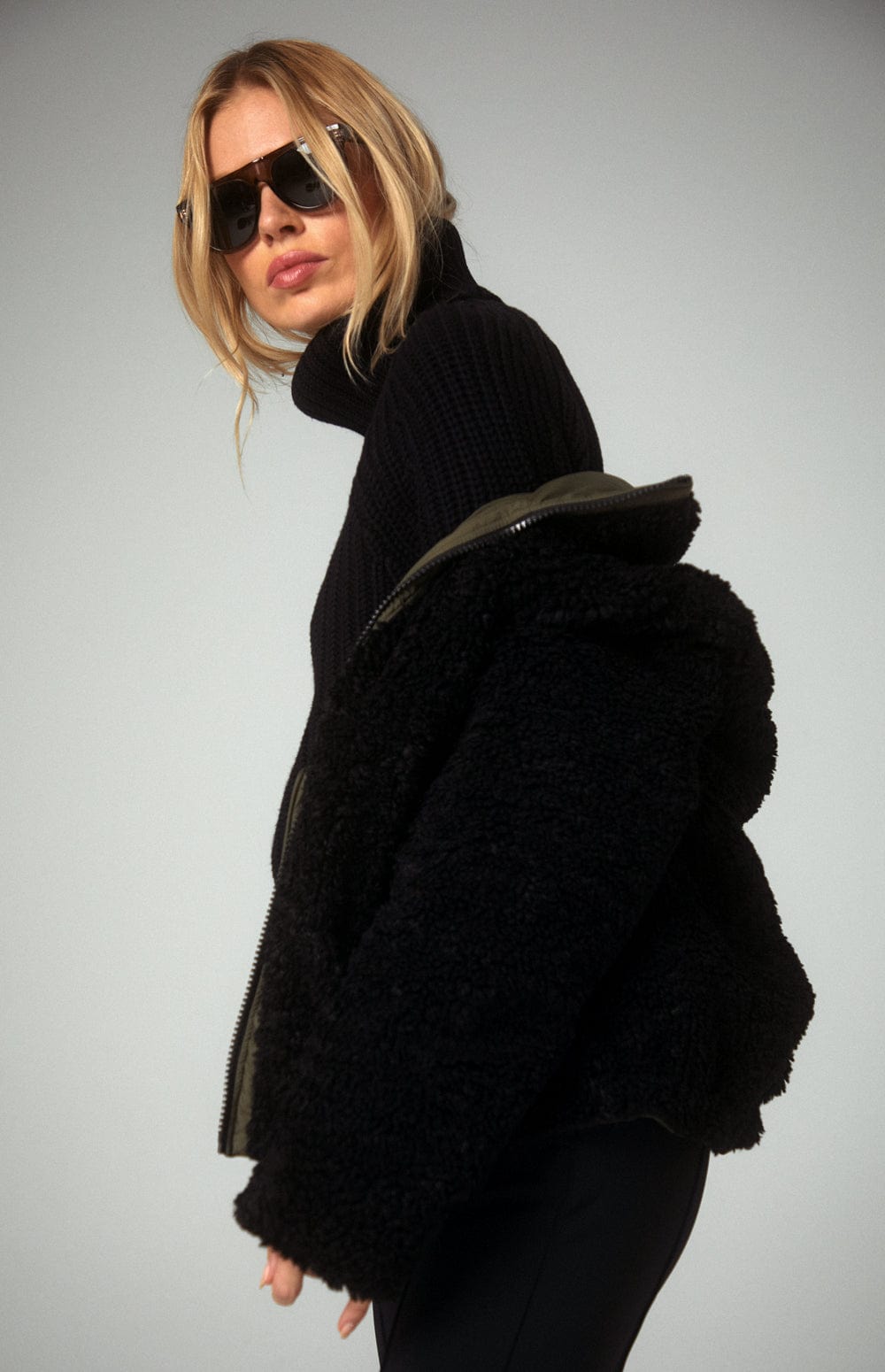 Amal Reversible Aviator Jacket by Alp N Rock, Women's Dark Green Aviator Jacket With Black Shearling Inside