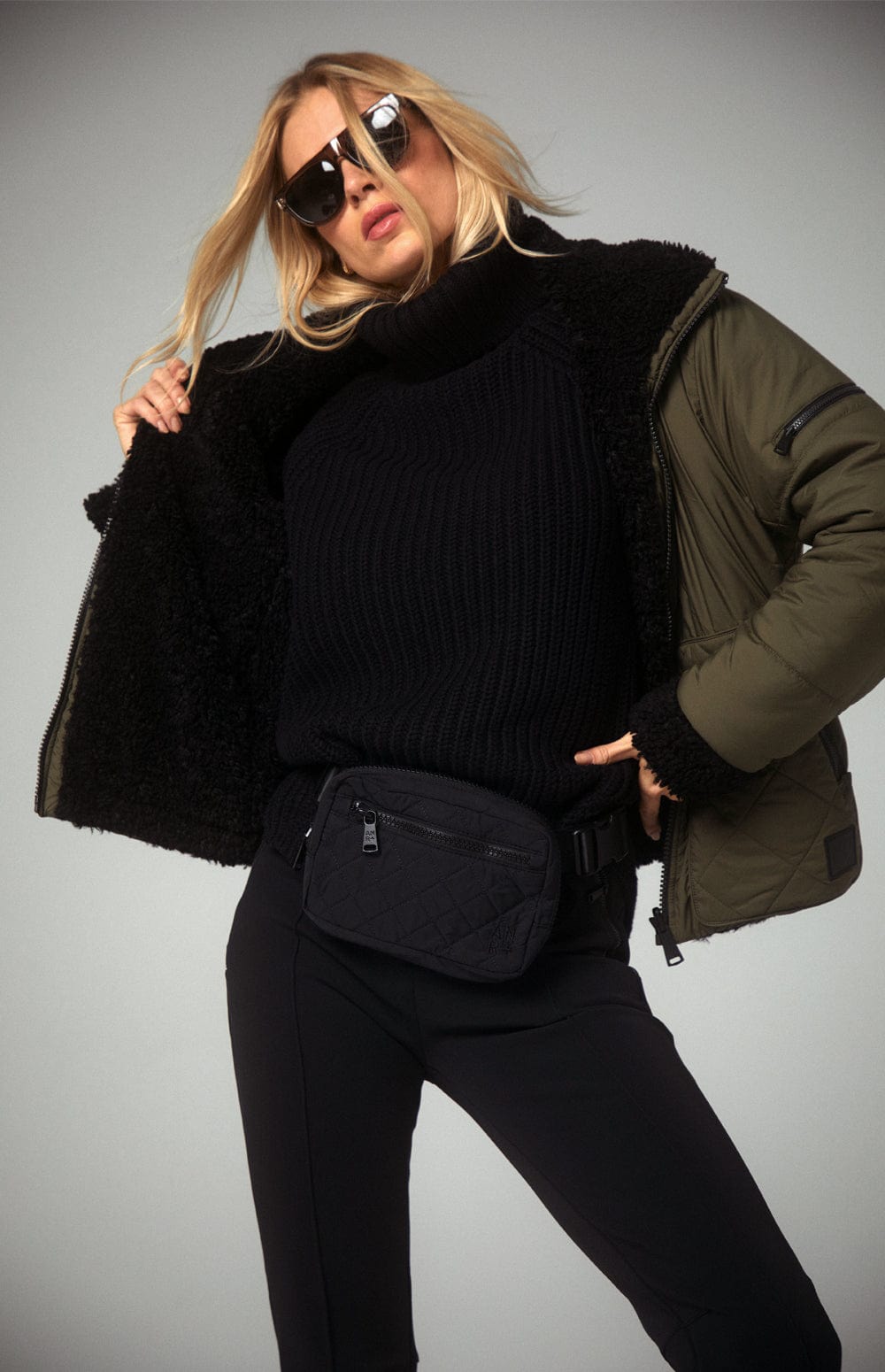 Amal Reversible Aviator Jacket by Alp N Rock, Women's Dark Green Aviator Jacket With Black Shearling Inside