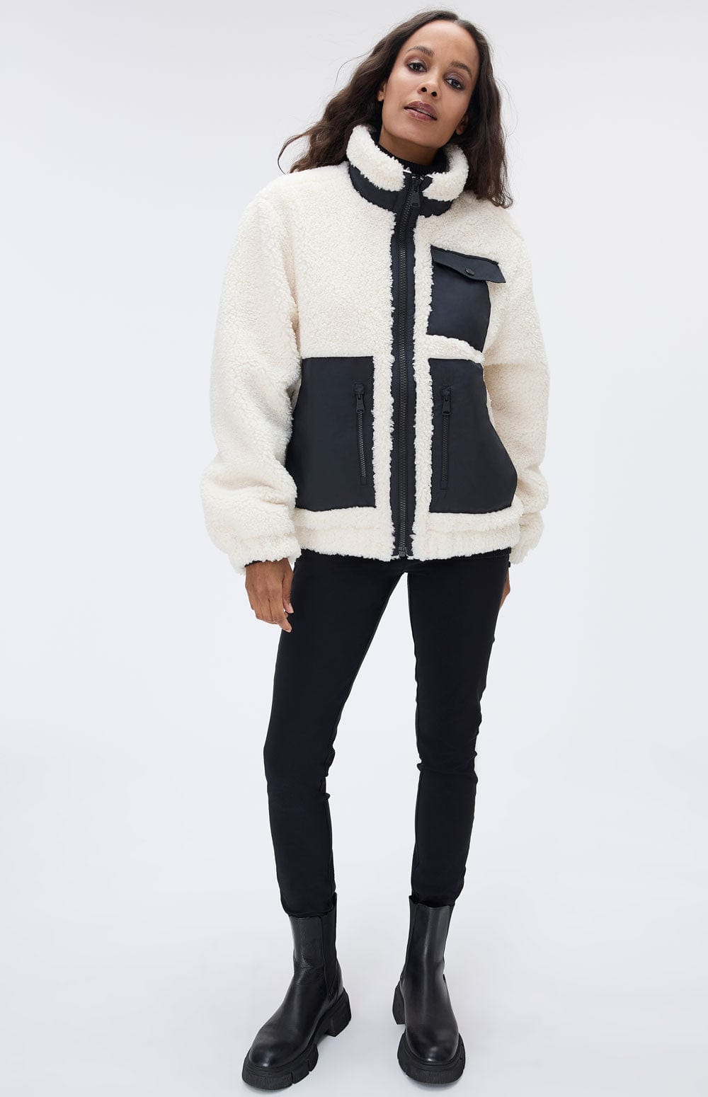 Noelle Shearling Jacket by Alp N Rock, Women's Ivory Shearling Jacket with Zipper and Patch Pockets