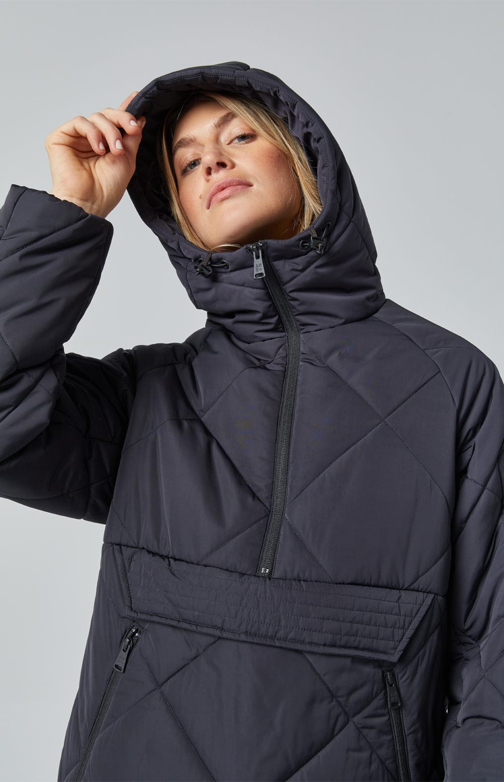 Yuki Anorak Pullover Jacket by Alp N Rock, Women's Black Quilted Pullover Jacket with Front Pocket and Hood