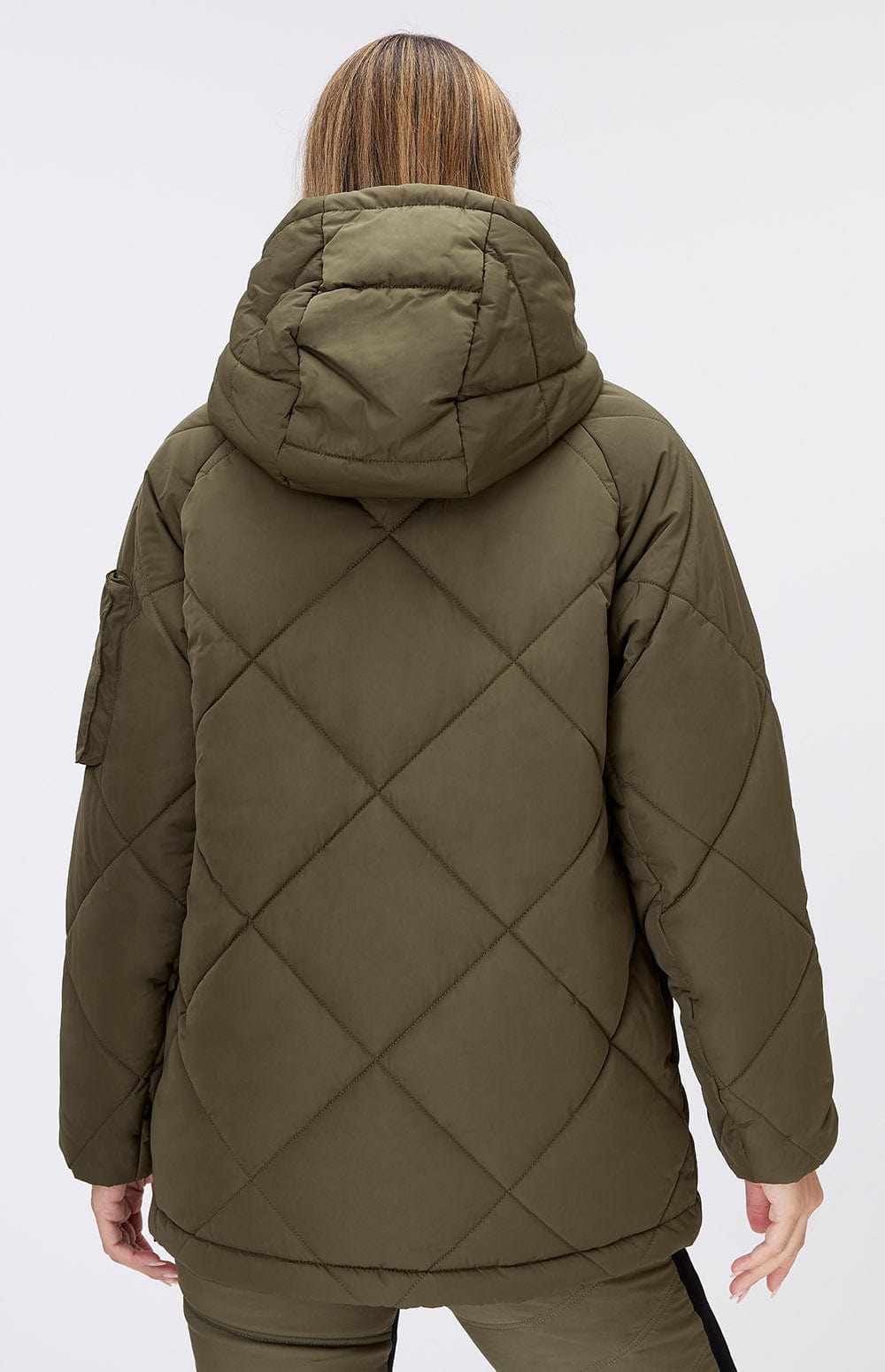 Yuki Anorak Pullover Jacket by Alp N Rock, Women's Olive Green Quilted Pullover Jacket with Front Pocket and Hood