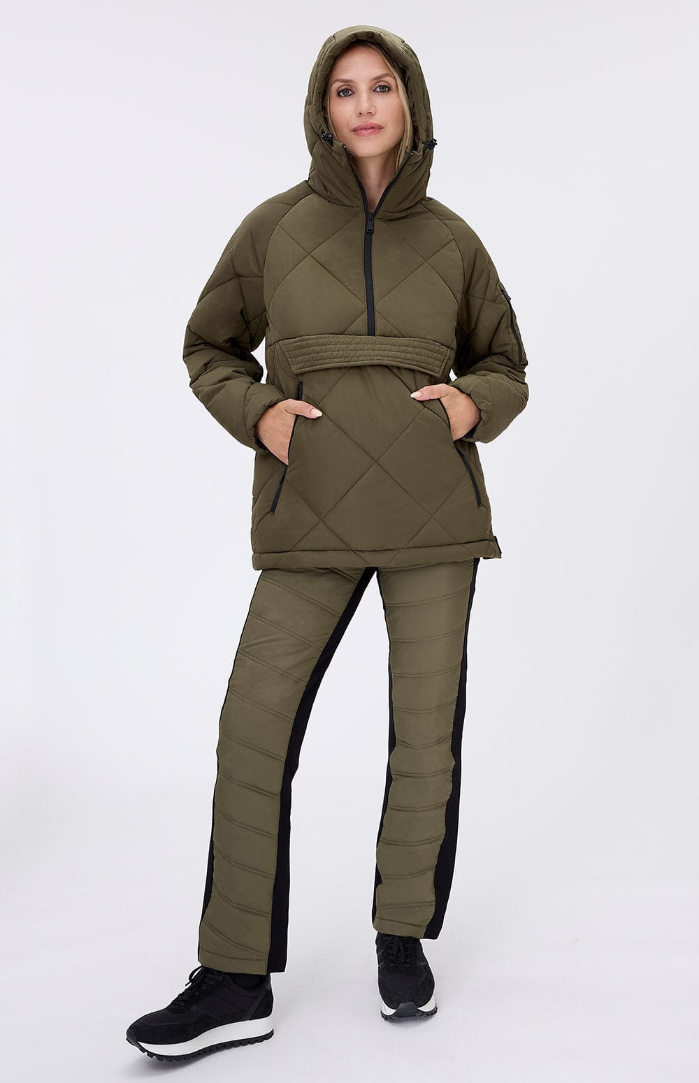 Yuki Anorak Pullover Jacket by Alp N Rock, Women's Olive Green Quilted Pullover Jacket with Front Pocket and Hood