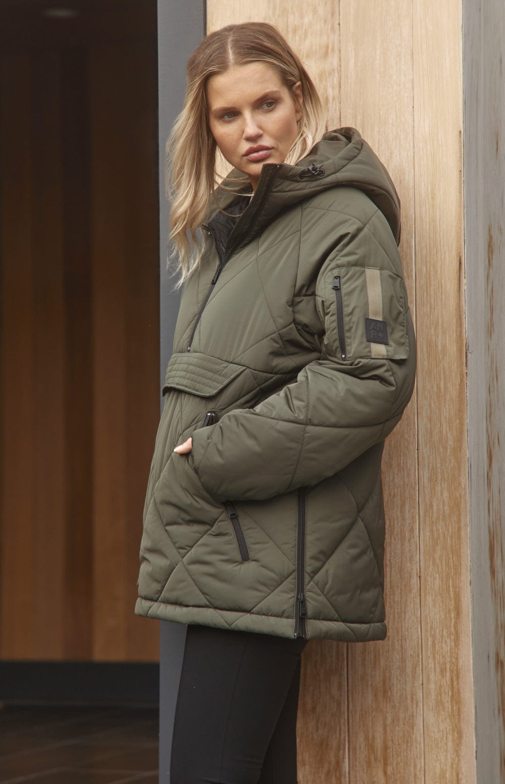 Yuki Anorak Pullover Jacket by Alp N Rock, Women's Olive Green Quilted Pullover Jacket with Front Pocket and Hood