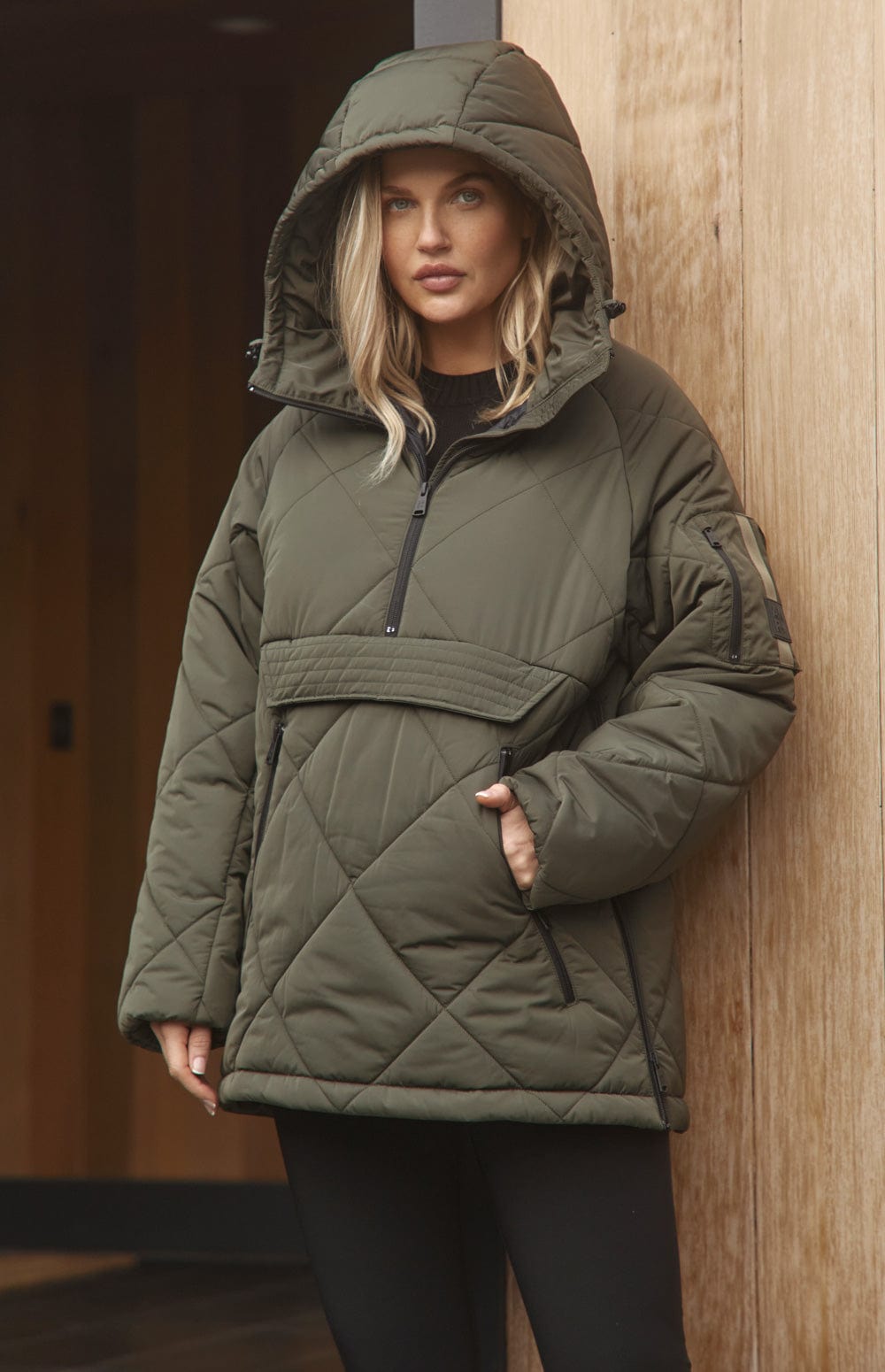Yuki Anorak Pullover Jacket by Alp N Rock, Women's Olive Green Quilted Pullover Jacket with Front Pocket and Hood