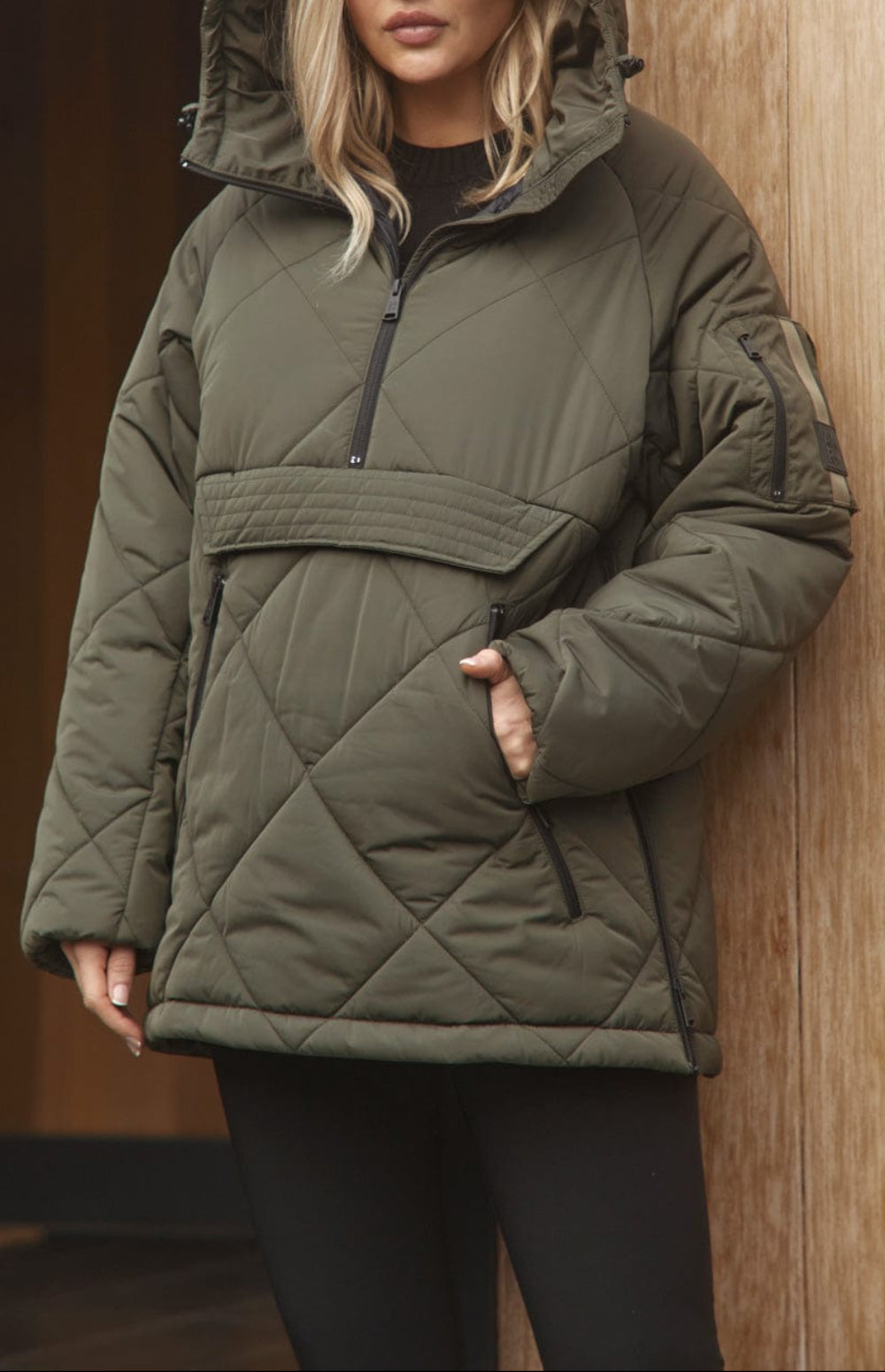 Yuki Anorak Pullover Jacket by Alp N Rock, Women's Olive Green Quilted Pullover Jacket with Front Pocket and Hood