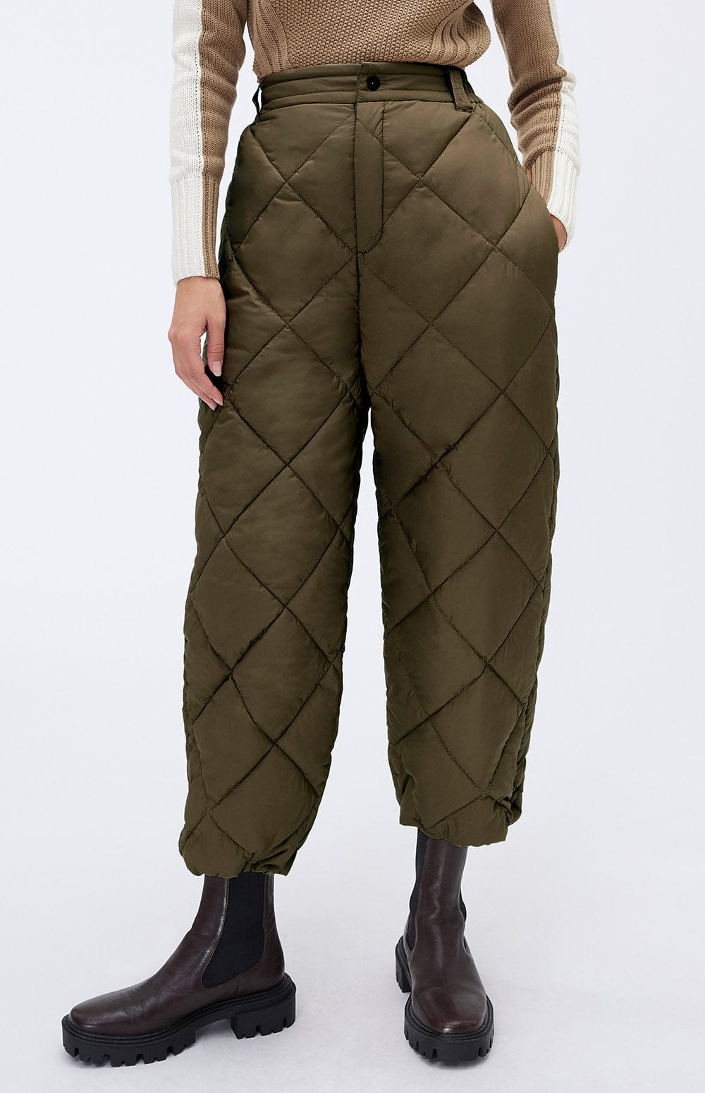 Mika Quilted Pant by Alp N Rock, Women's Olive Green Quilted Puffer Ski Pant with Zipper Fly and Pockets
