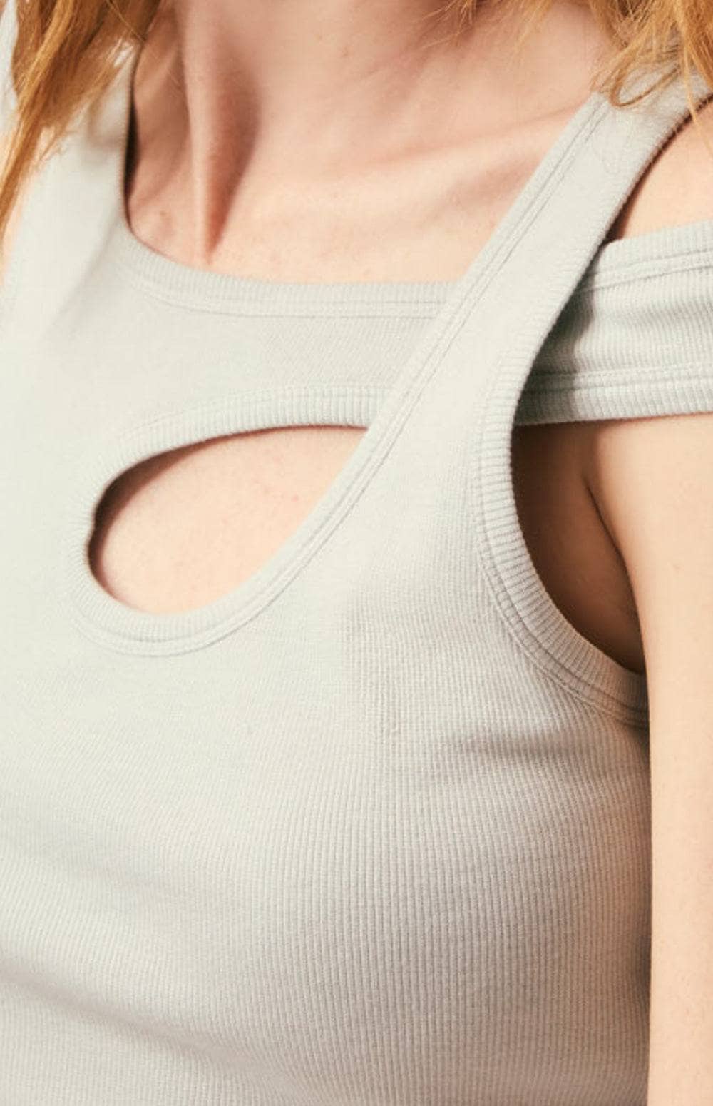 Elisa Top by Alp N Rock, Women's Light Green Knit Tank Top with Overlapping Straps and Shoulder Cut Out
