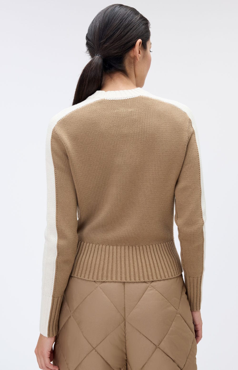 Dev Sweater by Alp N Rock, Women's Tan Sweater with Cream Stripe Down the Shoulder and Arms
