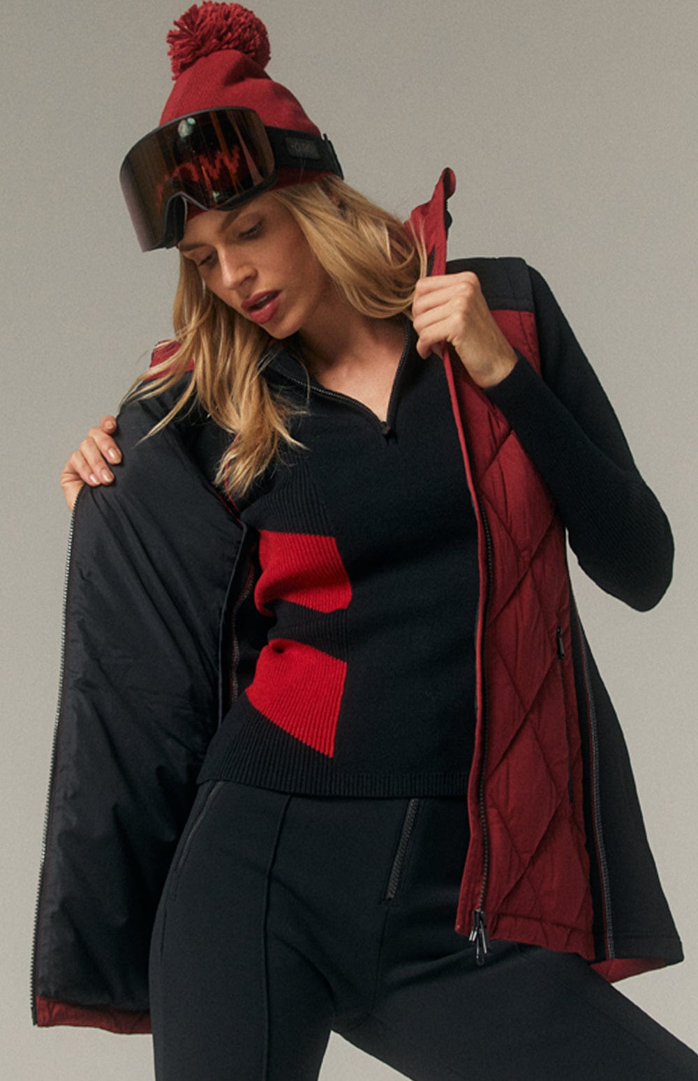 Lara Sweater by Alp N Rock, Women's Black Sweater with Half Zip and Red Graphic Shapes on the Bodice