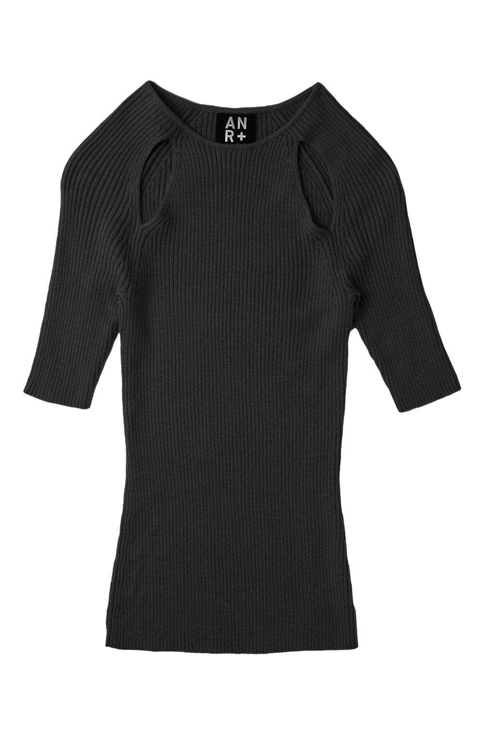 Lily Crewneck Sweater by Alp N Rock, Women's Black Crewneck Short Sleeve Sweater with Shoulder Cut Outs