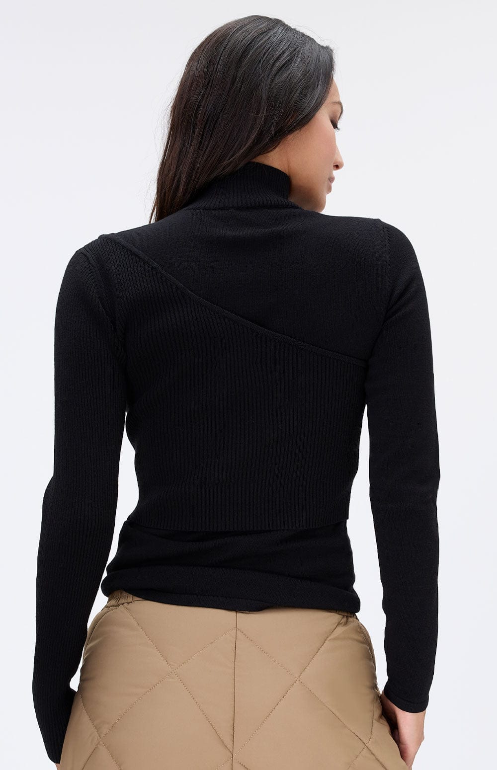 Marie Sweater by Alp N Rock, Women's Black Sweater with Mock Neck and Long Sleeve and One Shoulder Layer on Top