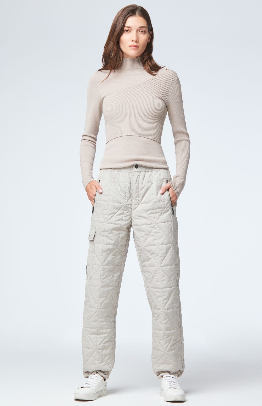 Marie Sweater by Alp N Rock, Wome's Beige Sweater with Mock Neck and Long Sleeve and One Shoulder Layer on Top
