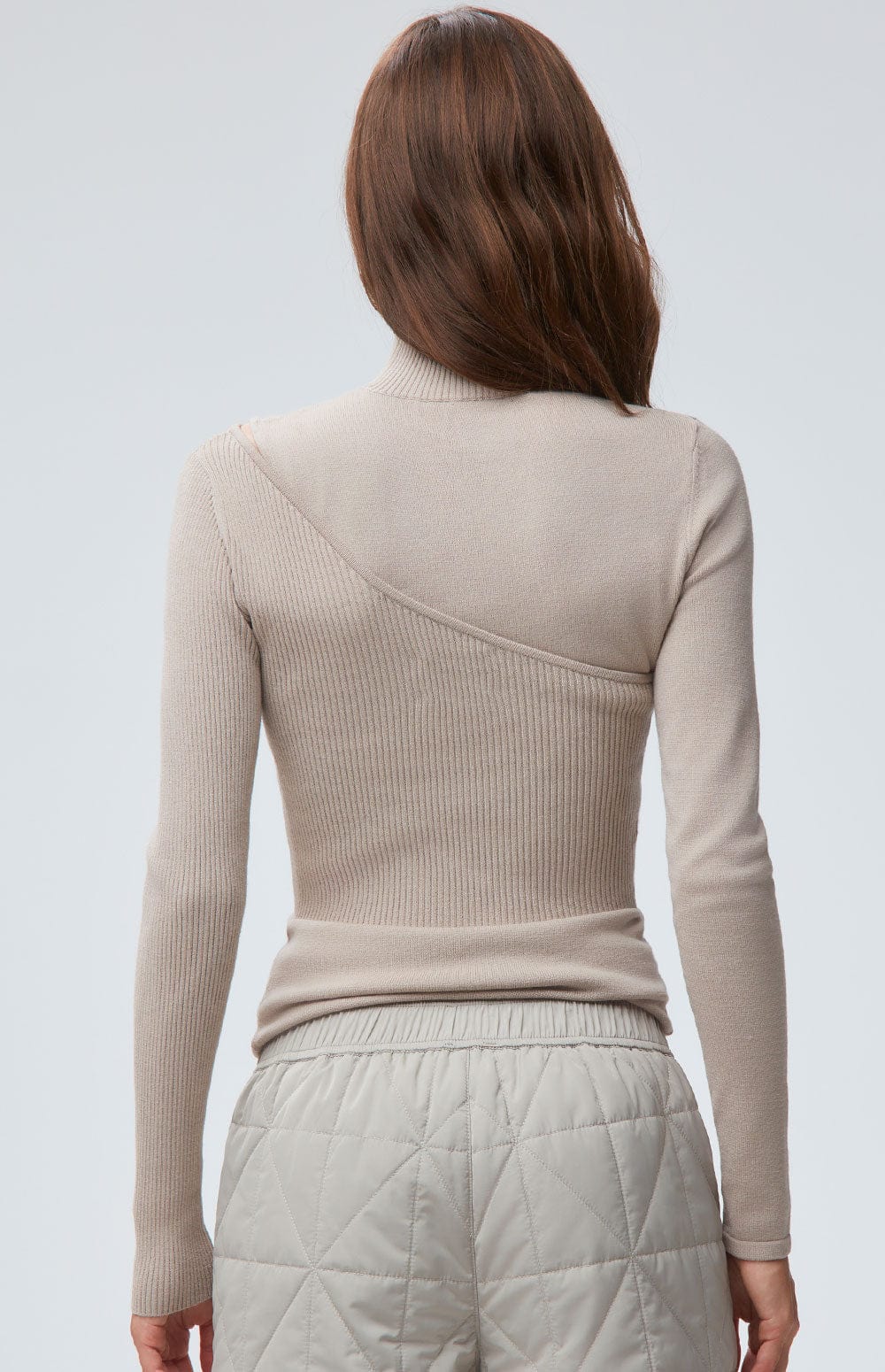 Marie Sweater by Alp N Rock, Wome's Beige Sweater with Mock Neck and Long Sleeve and One Shoulder Layer on Top