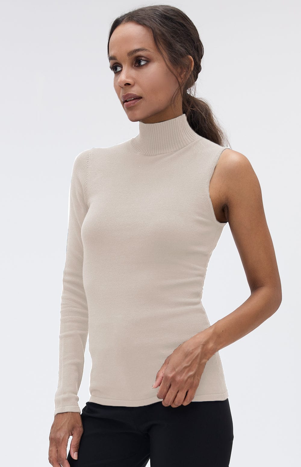 Marie Sweater by Alp N Rock, Wome's Beige Sweater with Mock Neck and Long Sleeve and One Shoulder Layer on Top