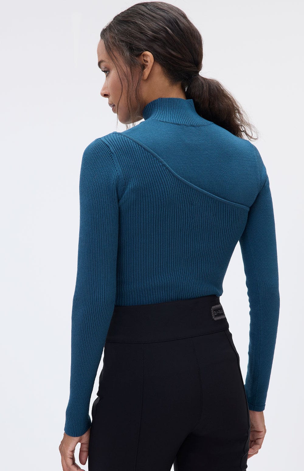 Marie Sweater by Alp N Rock, Wome's Teal Blue Sweater with Mock Neck and Long Sleeve and One Shoulder Layer on Top