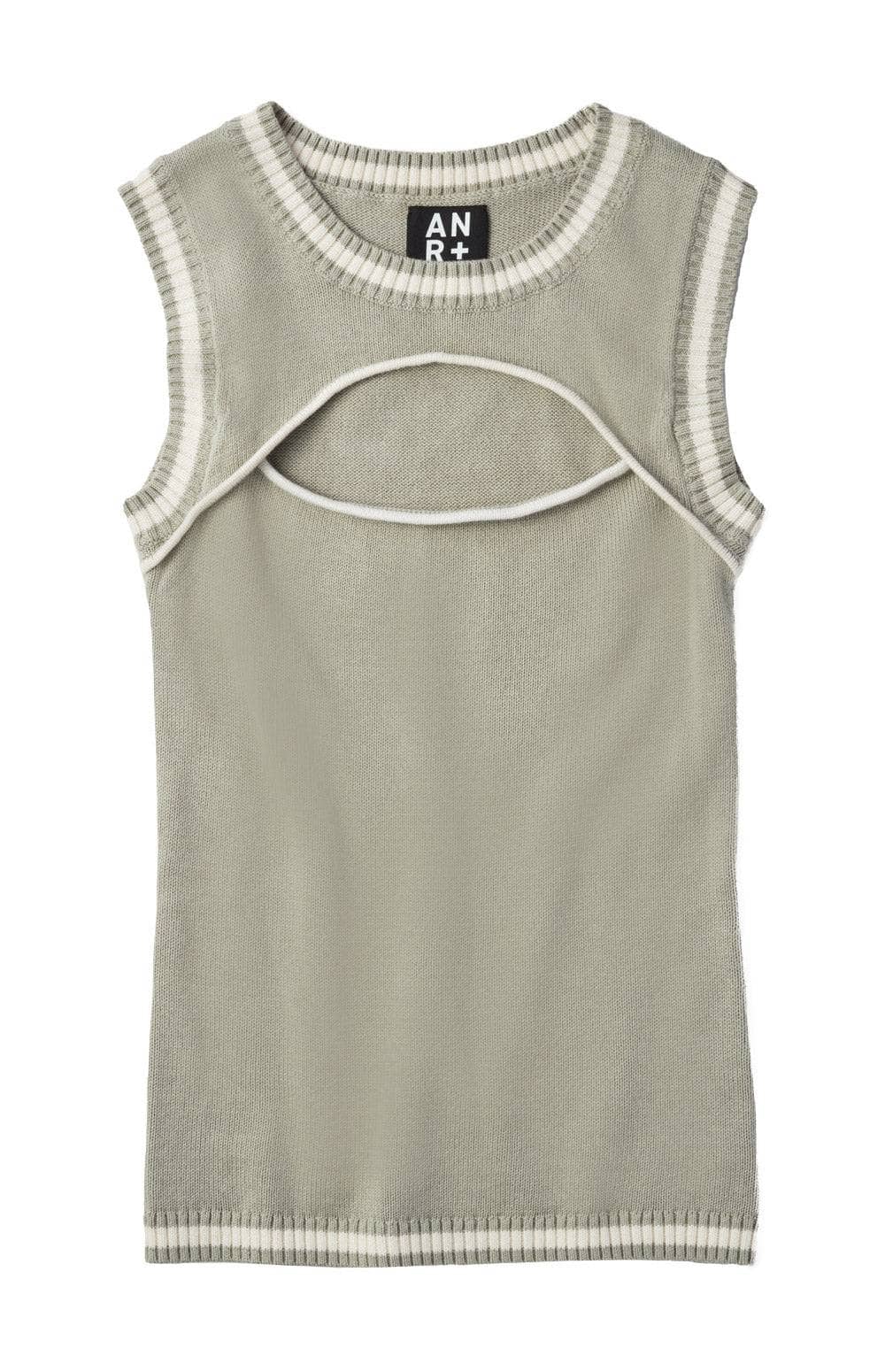 Quinn Sweater Vest by Alp N Rock, Women's Light Green Sleeveless Sweater Tahnk with Chest Cut Out