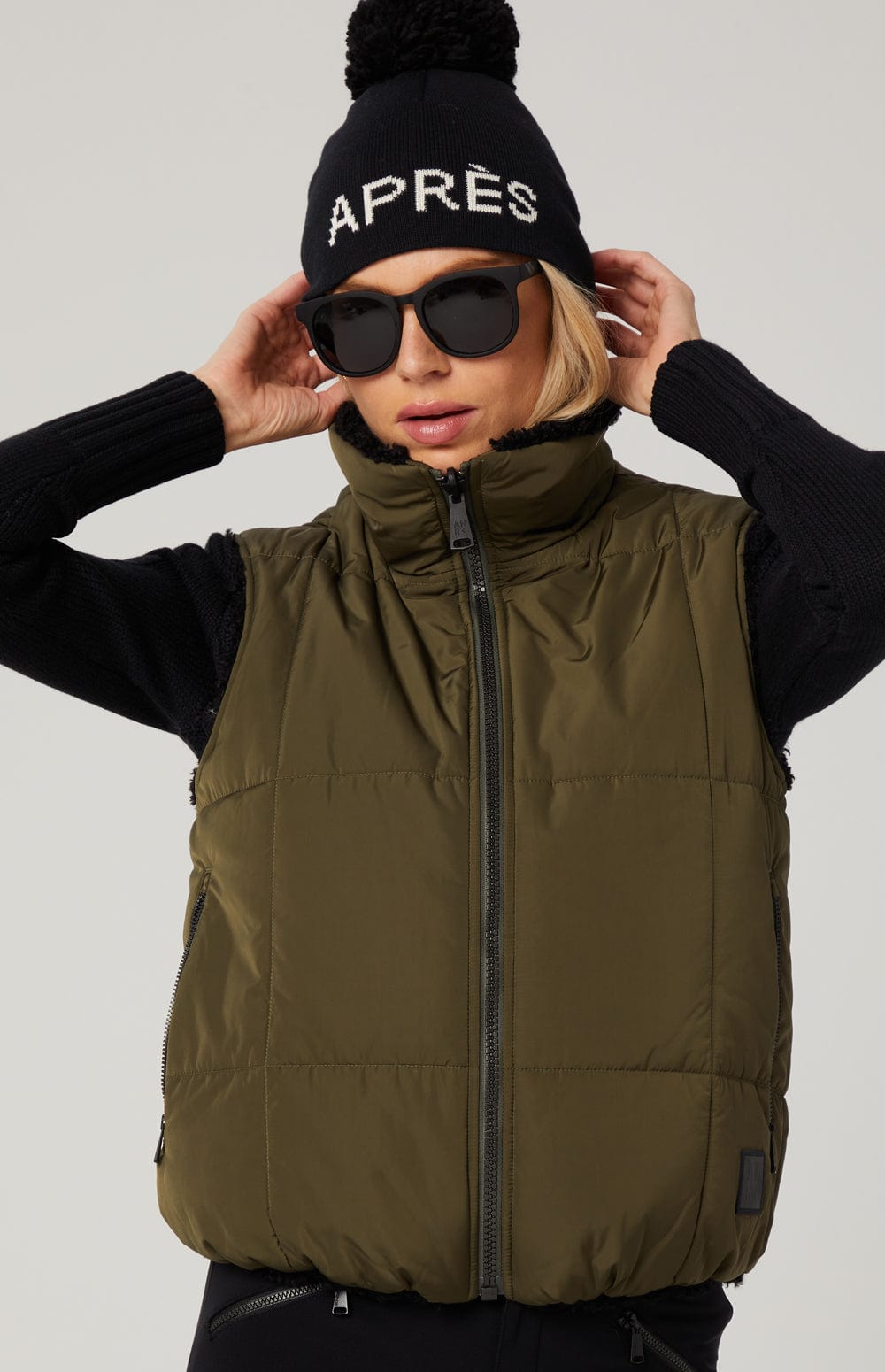 Sonja Reversible Vest by Alp N Rock, Women's Olive Green Vest with Reversible Black Shearling Inside
