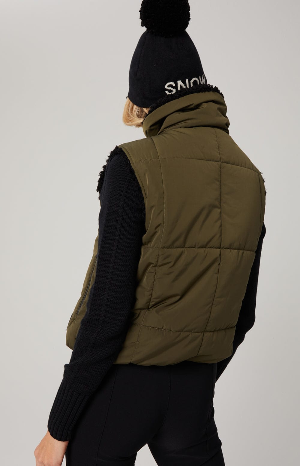 Sonja Reversible Vest by Alp N Rock, Women's Olive Green Vest with Reversible Black Shearling Inside