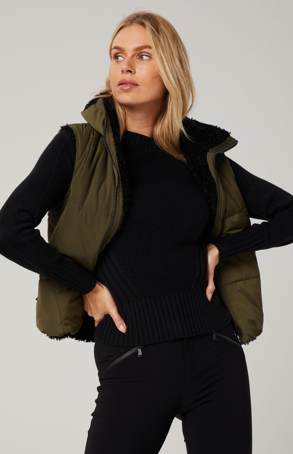 Sonja Reversible Vest by Alp N Rock, Women's Olive Green Vest with Reversible Black Shearling Inside