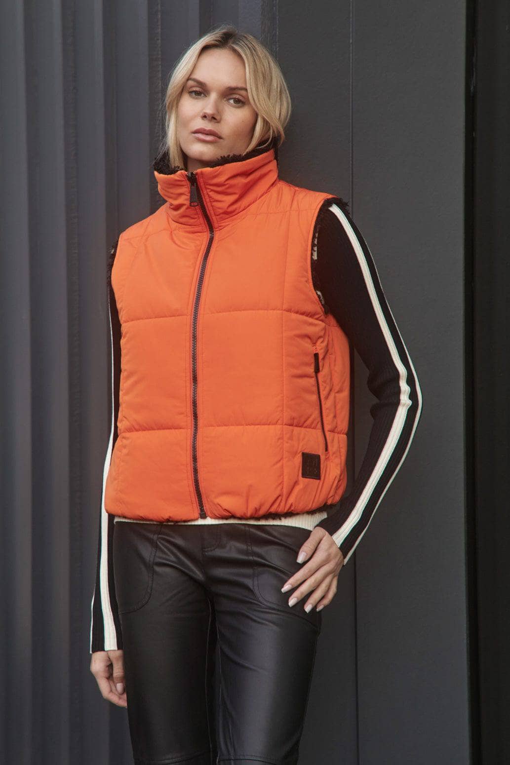 Sonja Reversible Vest by Alp N Rock, Women's Orange Vest with Reversible Black Shearling Inside