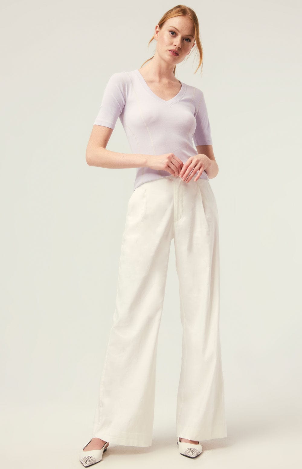 Nyla Top by Alp N Rock, Women's Light Purple V Neck Shirt with Short Sleeves and Vertical Stitching Accents on Front