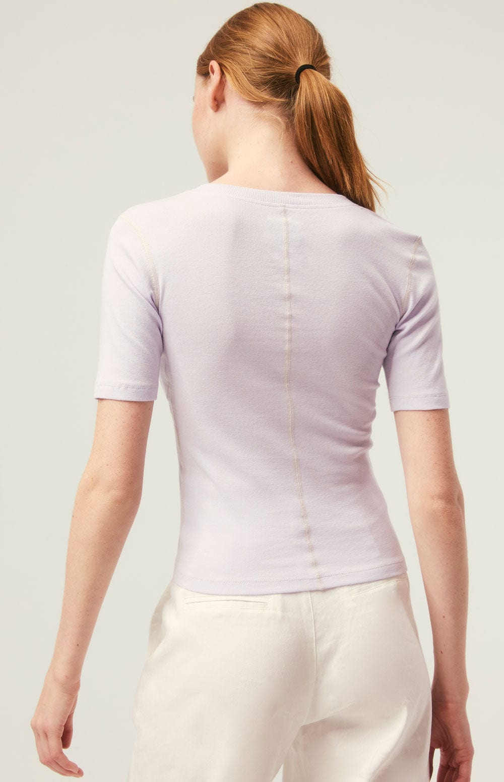 Nyla Top by Alp N Rock, Women's Light Purple V Neck Shirt with Short Sleeves and Vertical Stitching Accents on Front