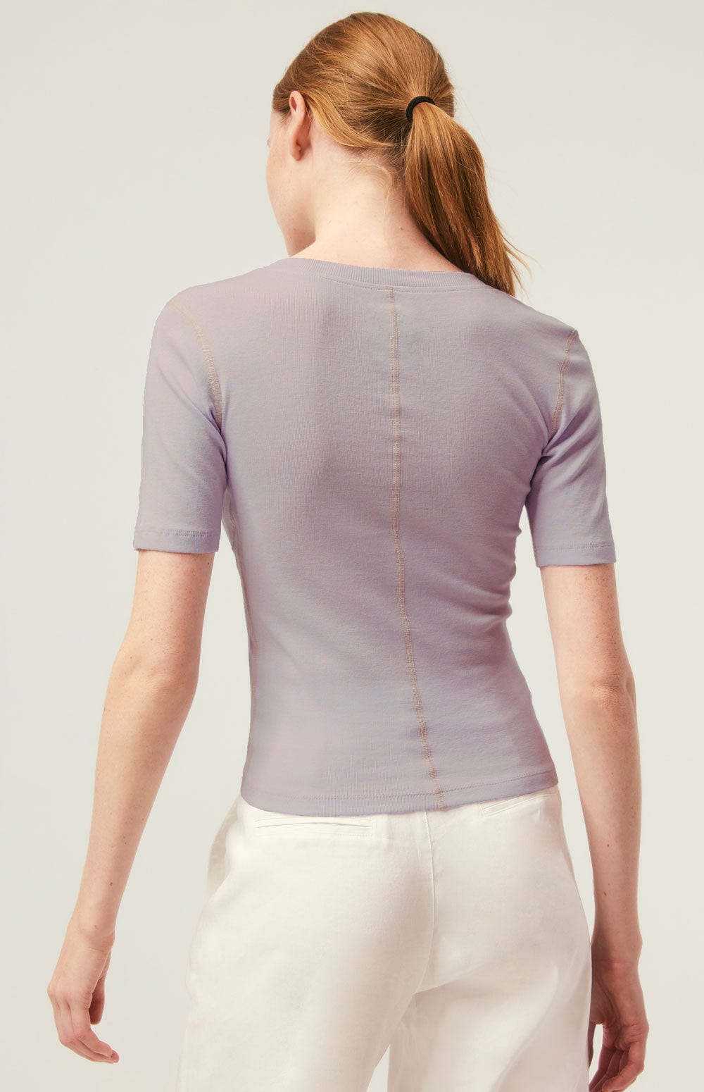 Nyla Top by Alp N Rock, Women's Light Purple V Neck Shirt with Short Sleeves and Vertical Stitching Accents on Front