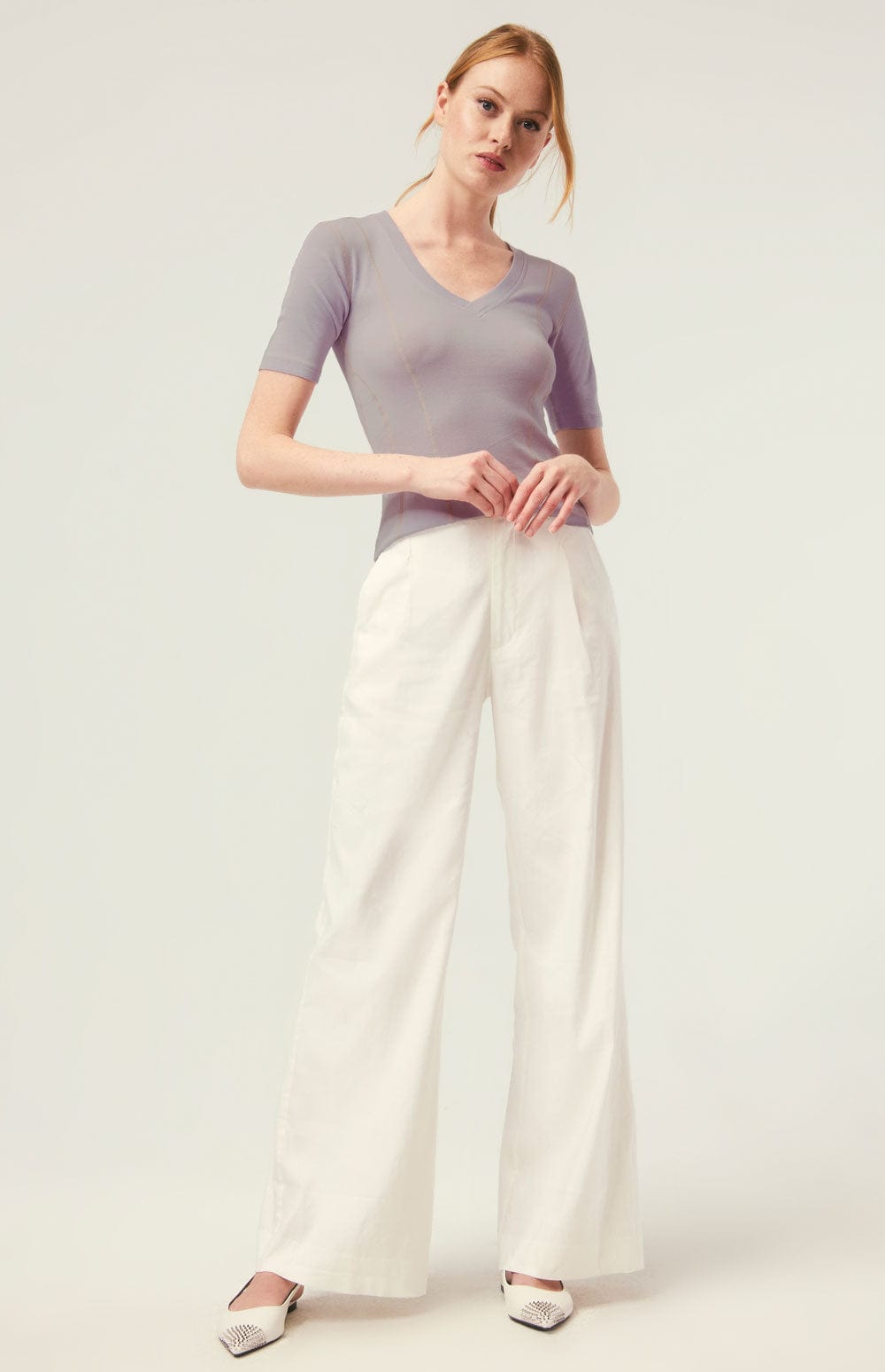 Nyla Top by Alp N Rock, Women's Light Purple V Neck Shirt with Short Sleeves and Vertical Stitching Accents on Front
