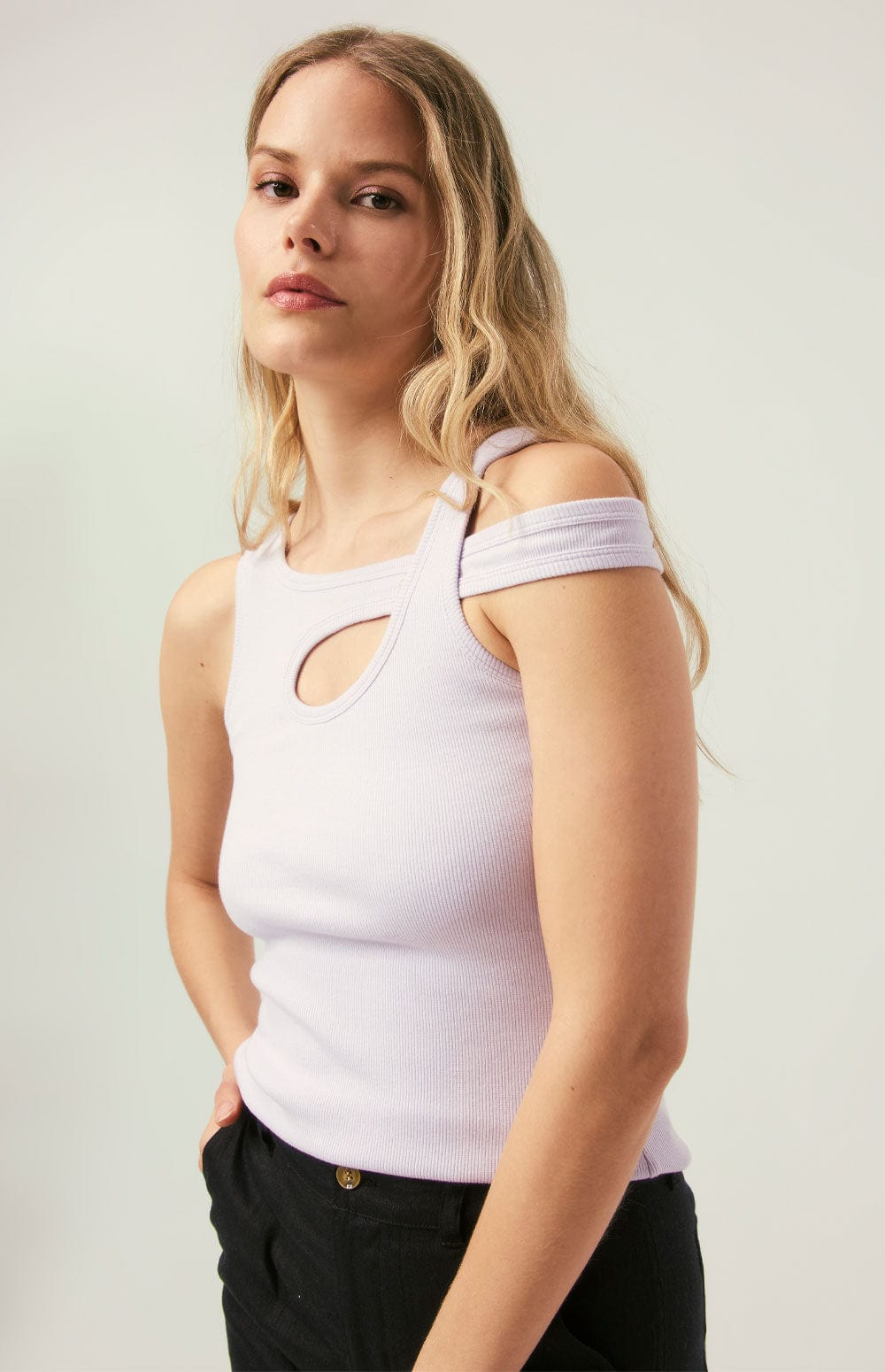 Elisa Tank Top by Alp N Rock, Women's Light Purple Knit Tank Top with Overlapping Shoulder Straps