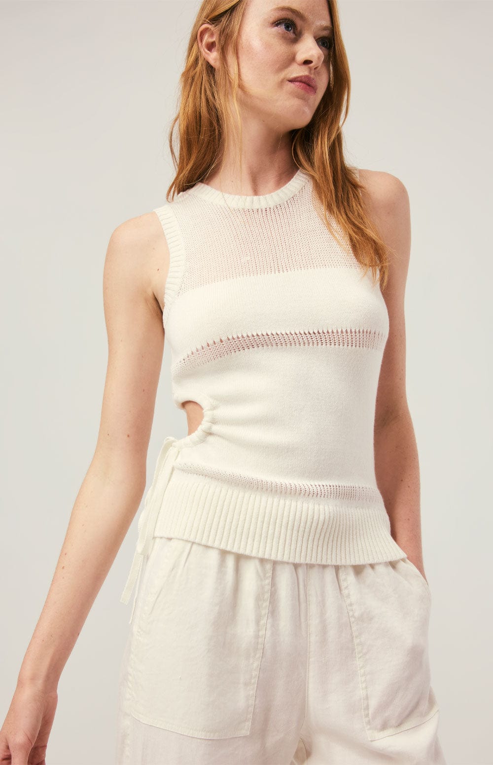 Elsa Tank by Alp N Rock, Women's White Sleeveless Sweater Tank with Side Cut Outs