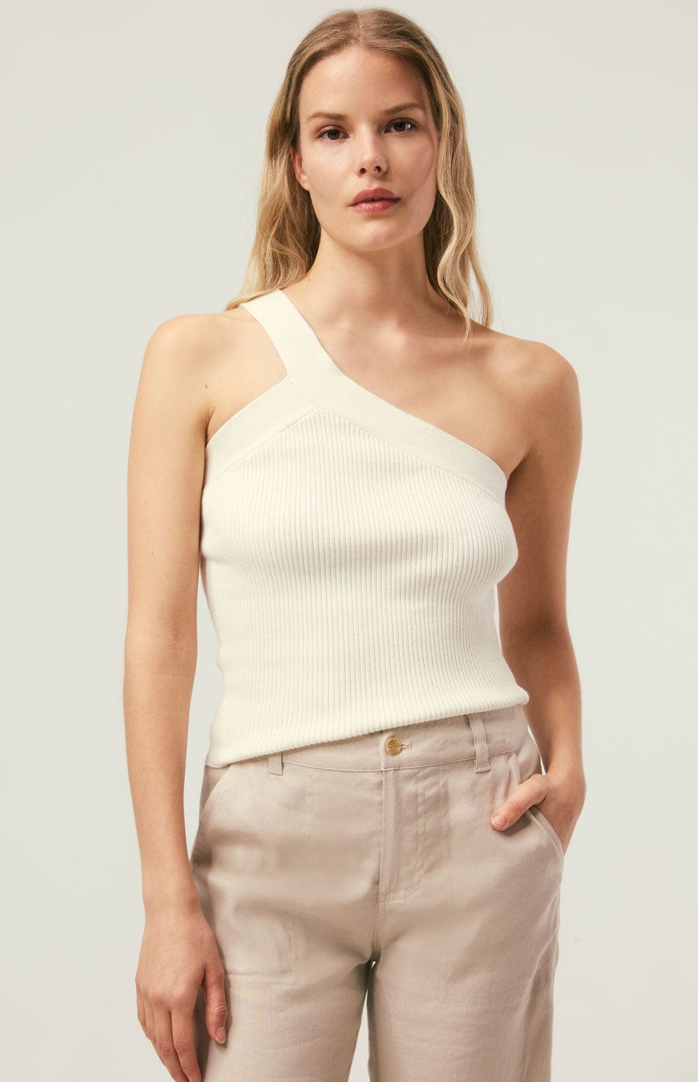 Kenna Top by Alp N Rock, Women's White Asymmetrical Knit Tank with Single Strap