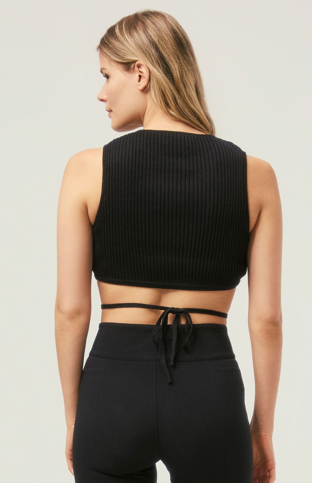 Muna Cropped Tank by Alp N Rock, Women's Black Cropped Knit Top with Thin Drawstring Tie