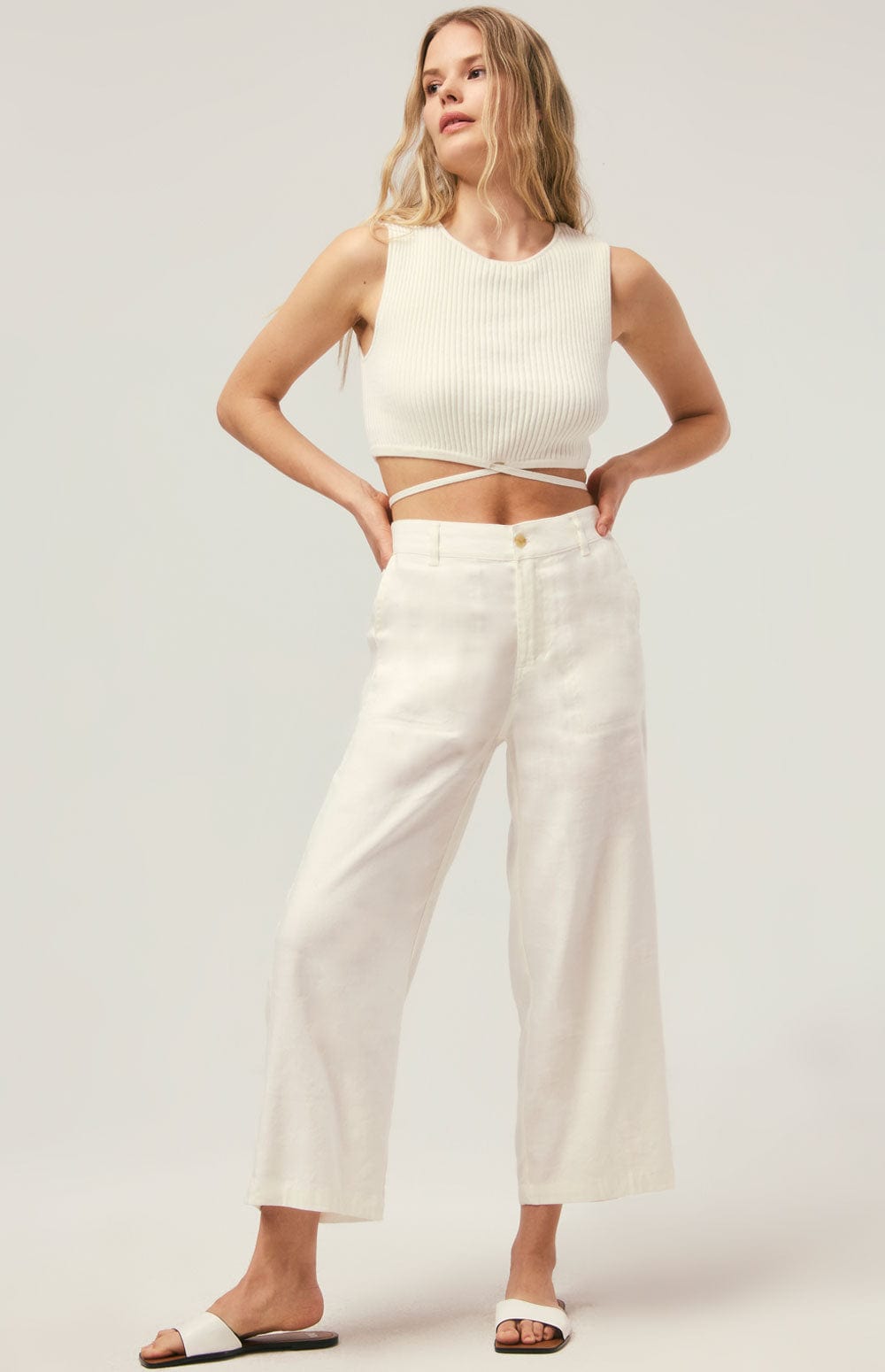 Muna Cropped Tank by Alp N Rock, Women's White Cropped Knit Top with Thin Drawstring Tie