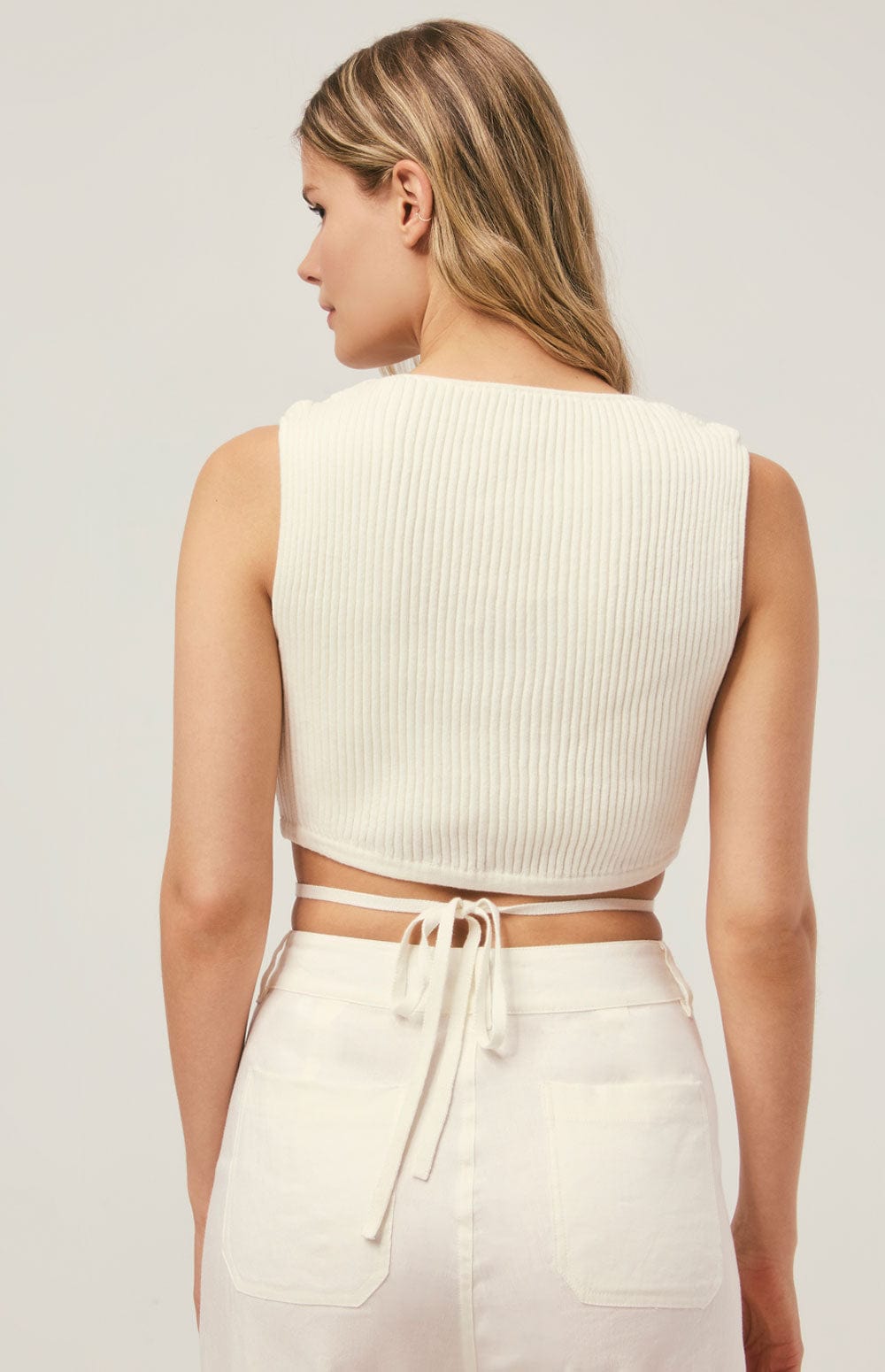 Muna Cropped Tank by Alp N Rock, Women's White Cropped Knit Top with Thin Drawstring Tie