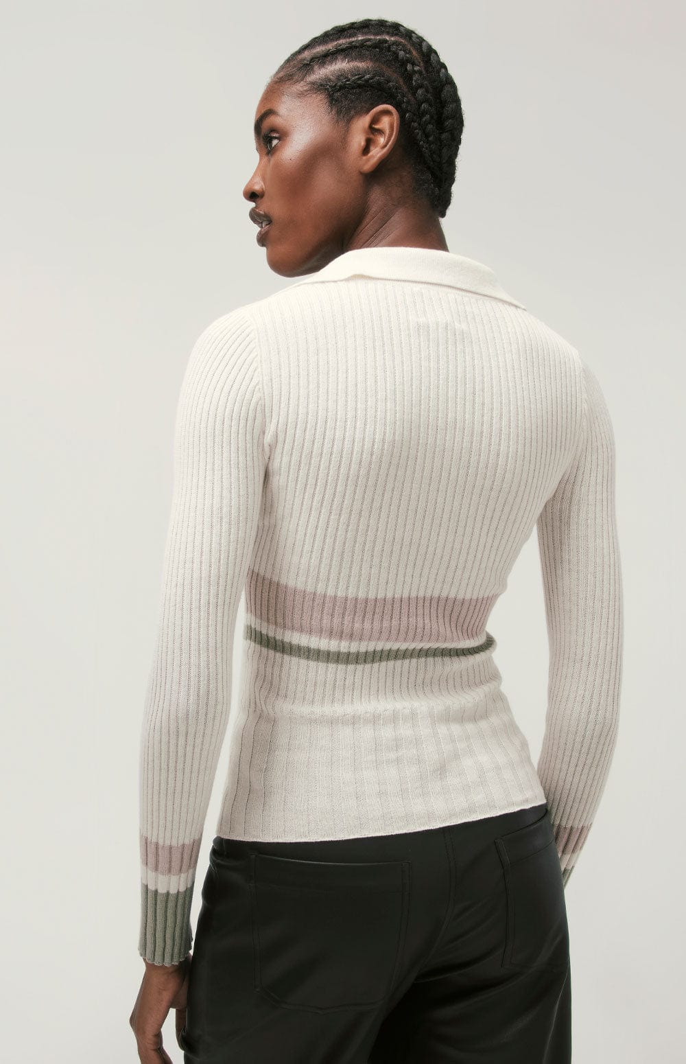 Ava Polo Sweater by Alp N Rock, Women's Ivory Ribbed Knit Sweater with a Collar and Pink and Green Stripes