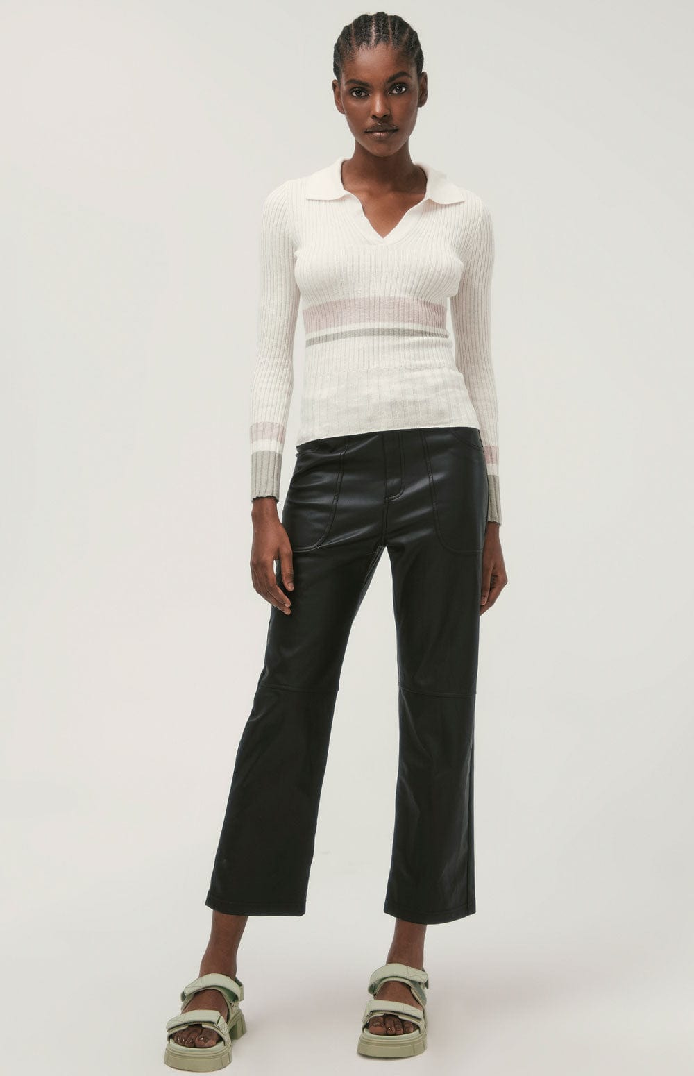 Ava Polo Sweater by Alp N Rock, Women's Ivory Ribbed Knit Sweater with a Collar and Pink and Green Stripes