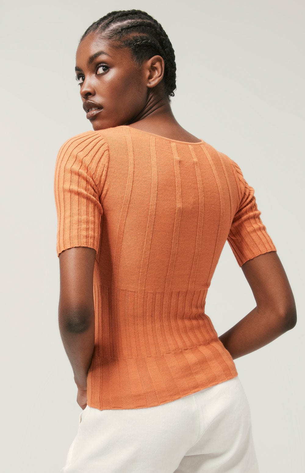 Jenna Squareneck Sweater by Alp N Rock, Women's Orange Short Sleeve Sweater with Vertical Ribbing
