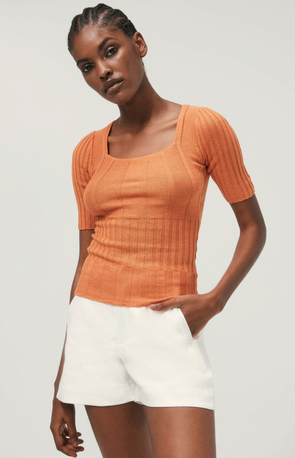 Jenna Squareneck Sweater by Alp N Rock, Women's Orange Short Sleeve Sweater with Vertical Ribbing