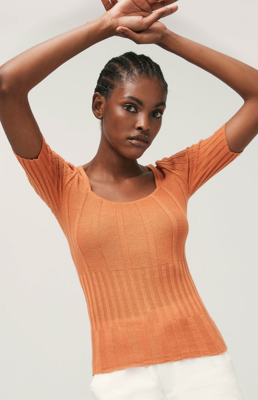 Jenna Squareneck Sweater by Alp N Rock, Women's Orange Short Sleeve Sweater with Vertical Ribbing