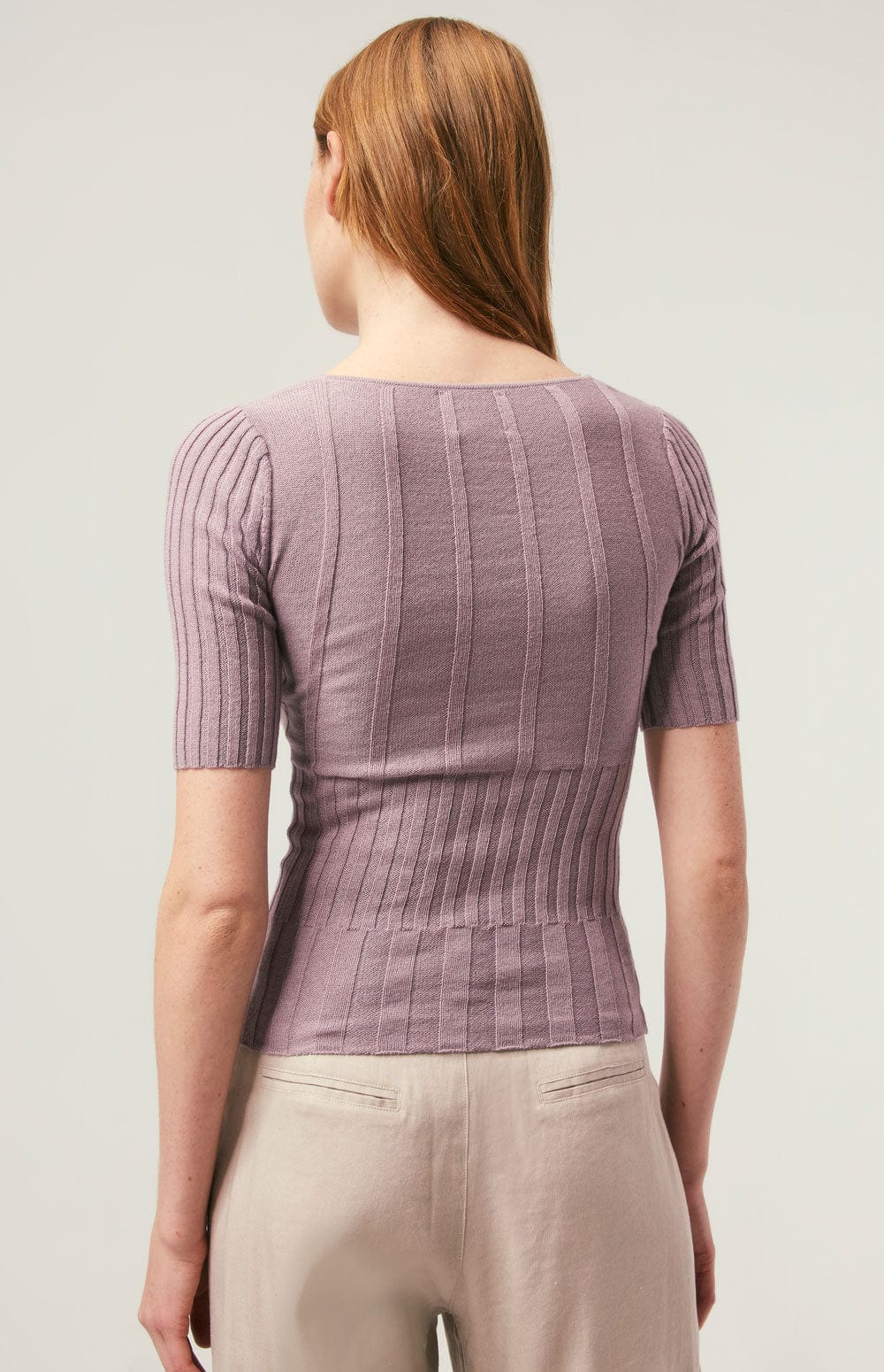 Jenna Squareneck Sweater by Alp N Rock, Women's Light Purple Short Sleeve Sweater with Vertical Ribbing