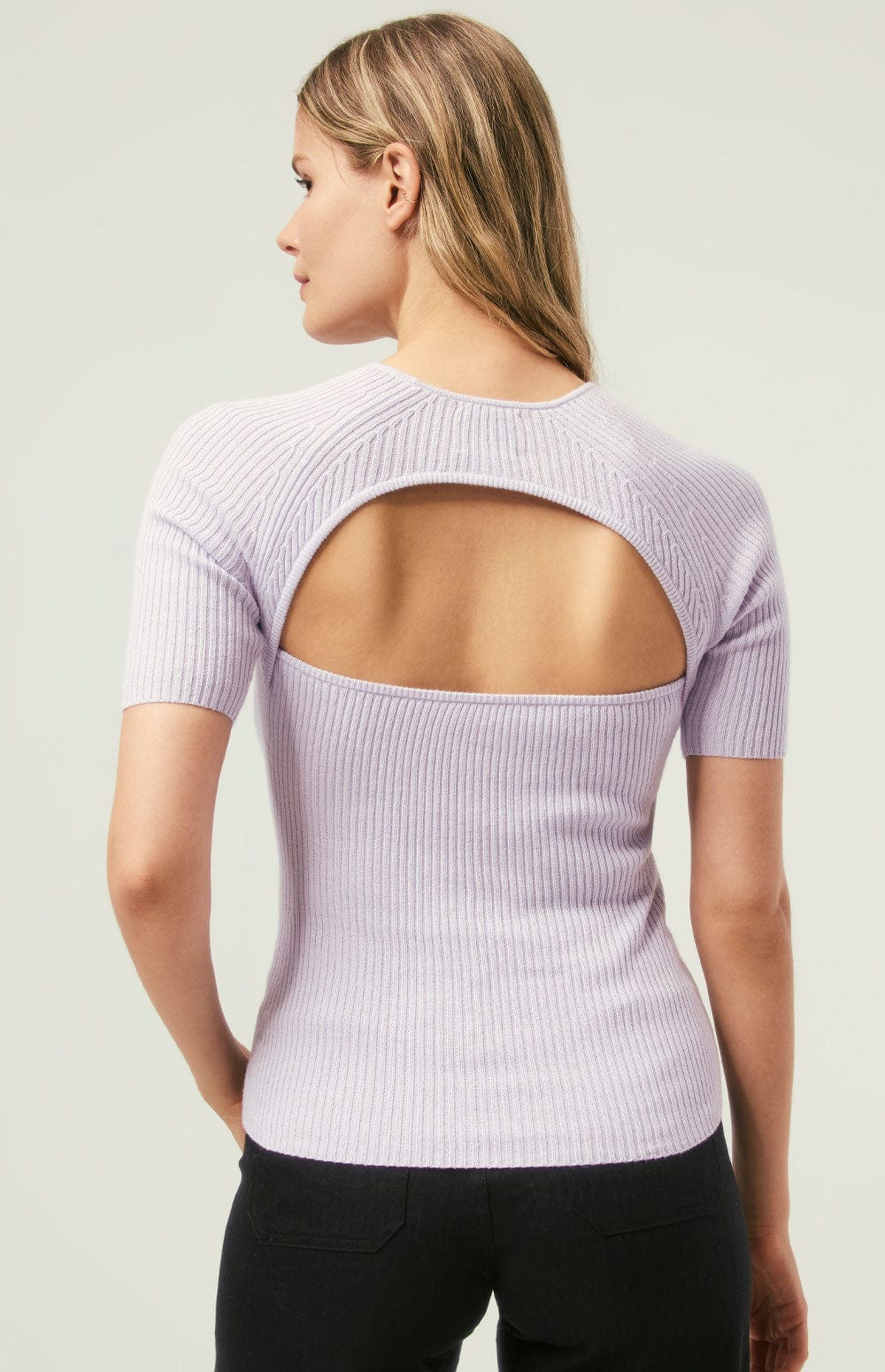 Lily Crewneck Sweater by Alp N Rock, Women's Light Purple Short Sleeve Sweater with Cut Outs at the Chest and Back