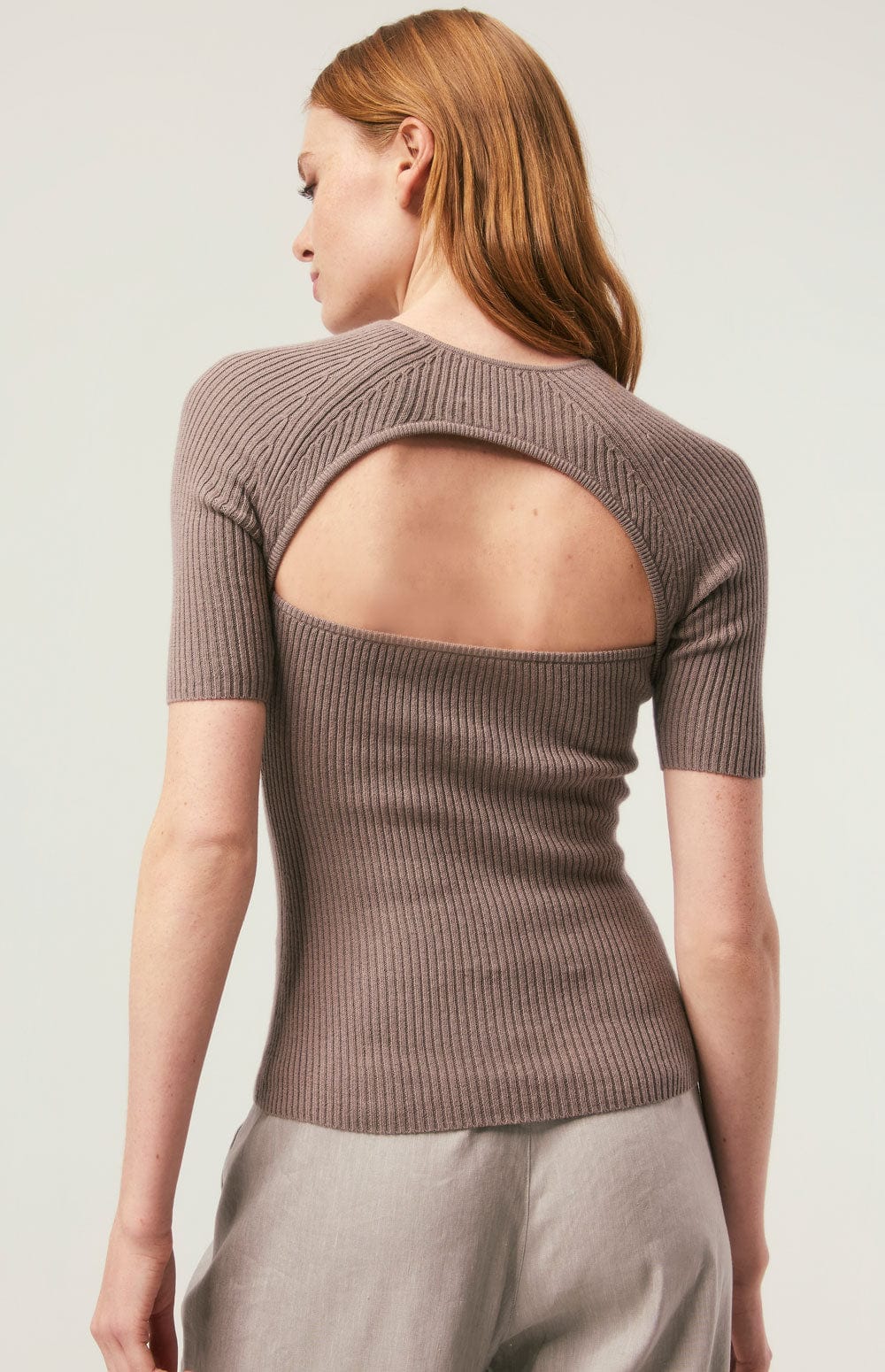 Lily Crewneck Sweater by Alp N Rock, Women's Beige Short Sleeve Sweater with Cut Outs at the Chest and Back