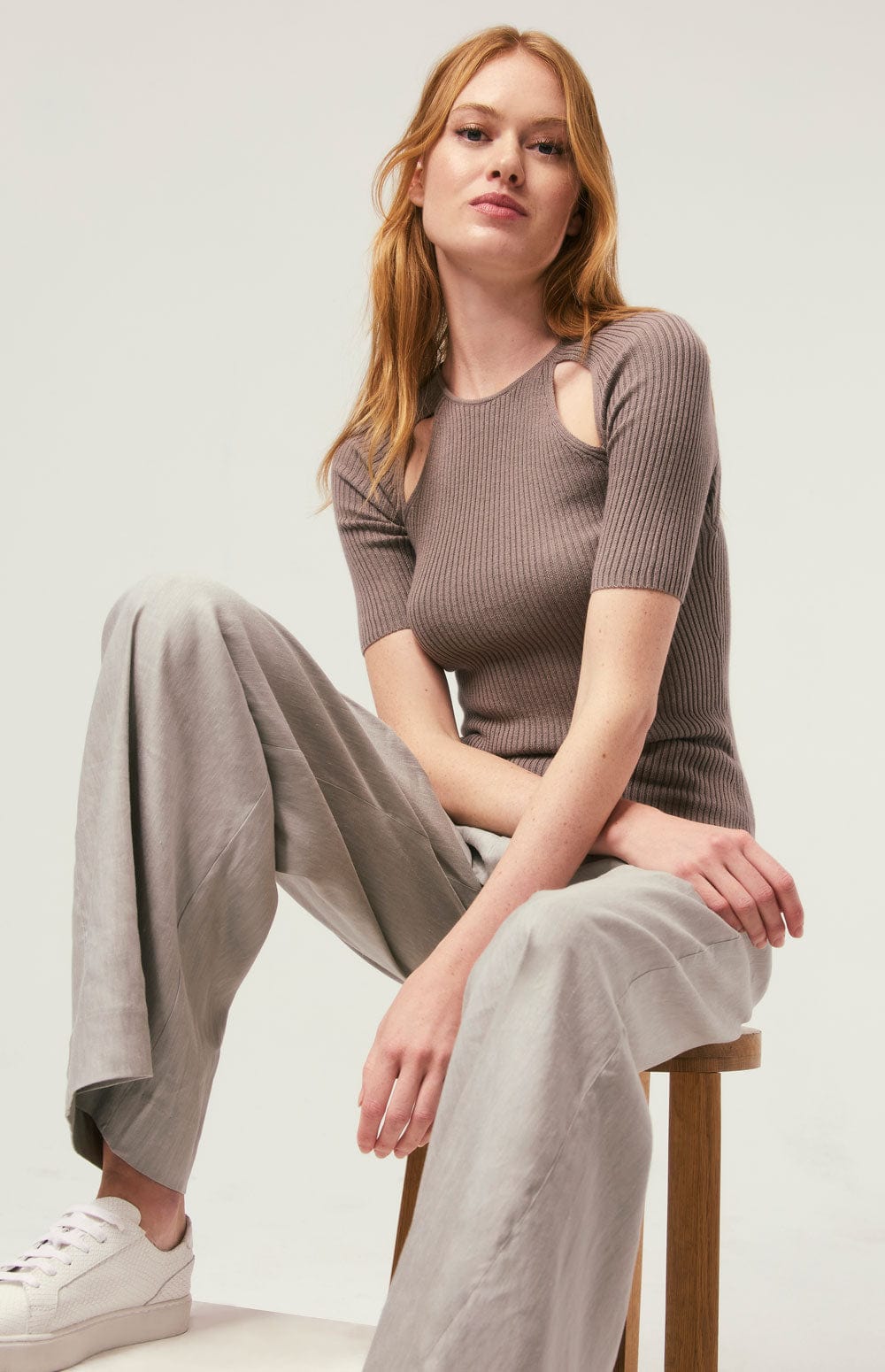 Lily Crewneck Sweater by Alp N Rock, Women's Beige Short Sleeve Sweater with Cut Outs at the Chest and Back