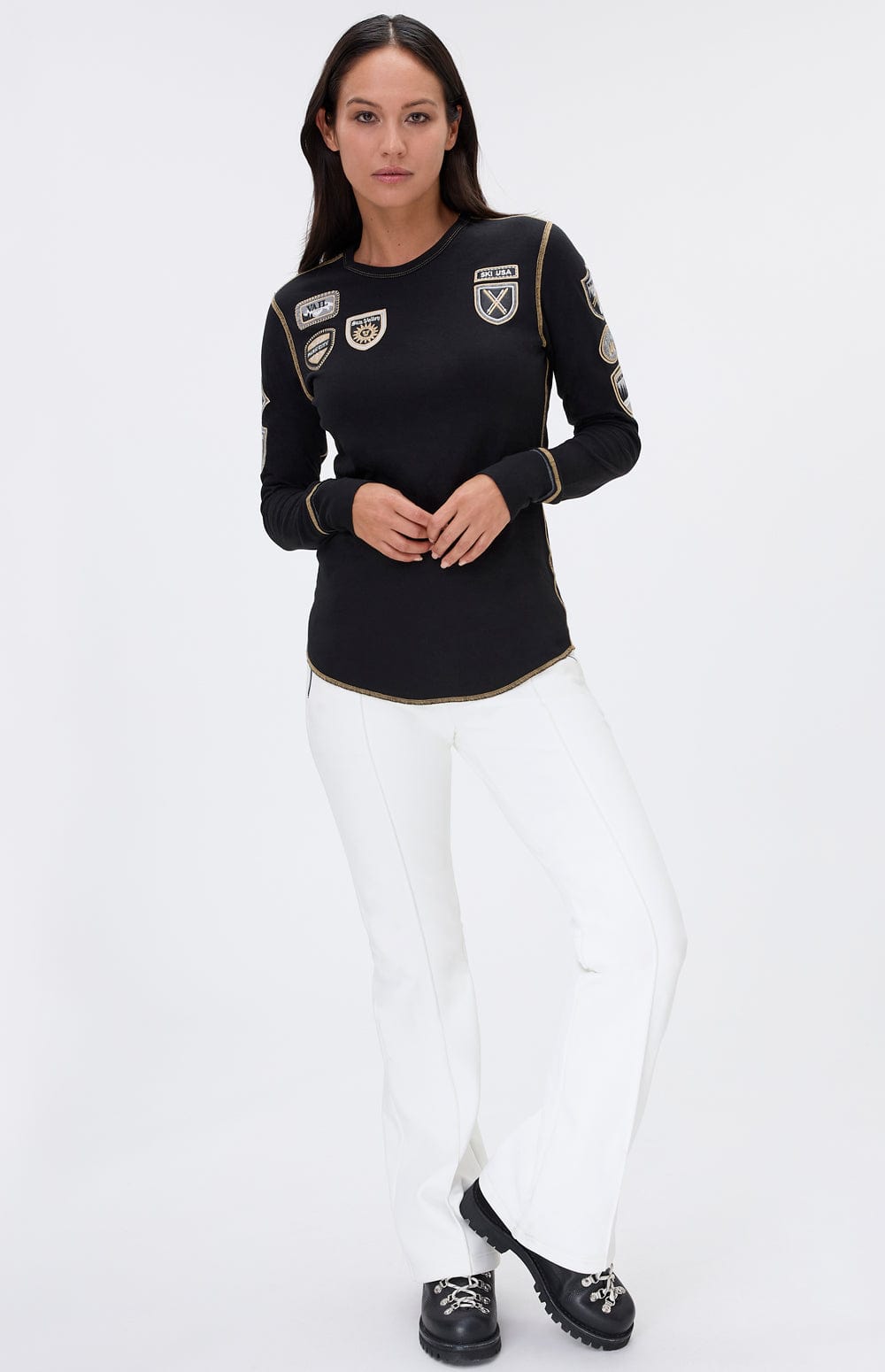 Ski USA Crew by Alp N Rock, Women's Black Long Sleeve Henley Shirt with Ski Patches on Chest, Arms, and Back