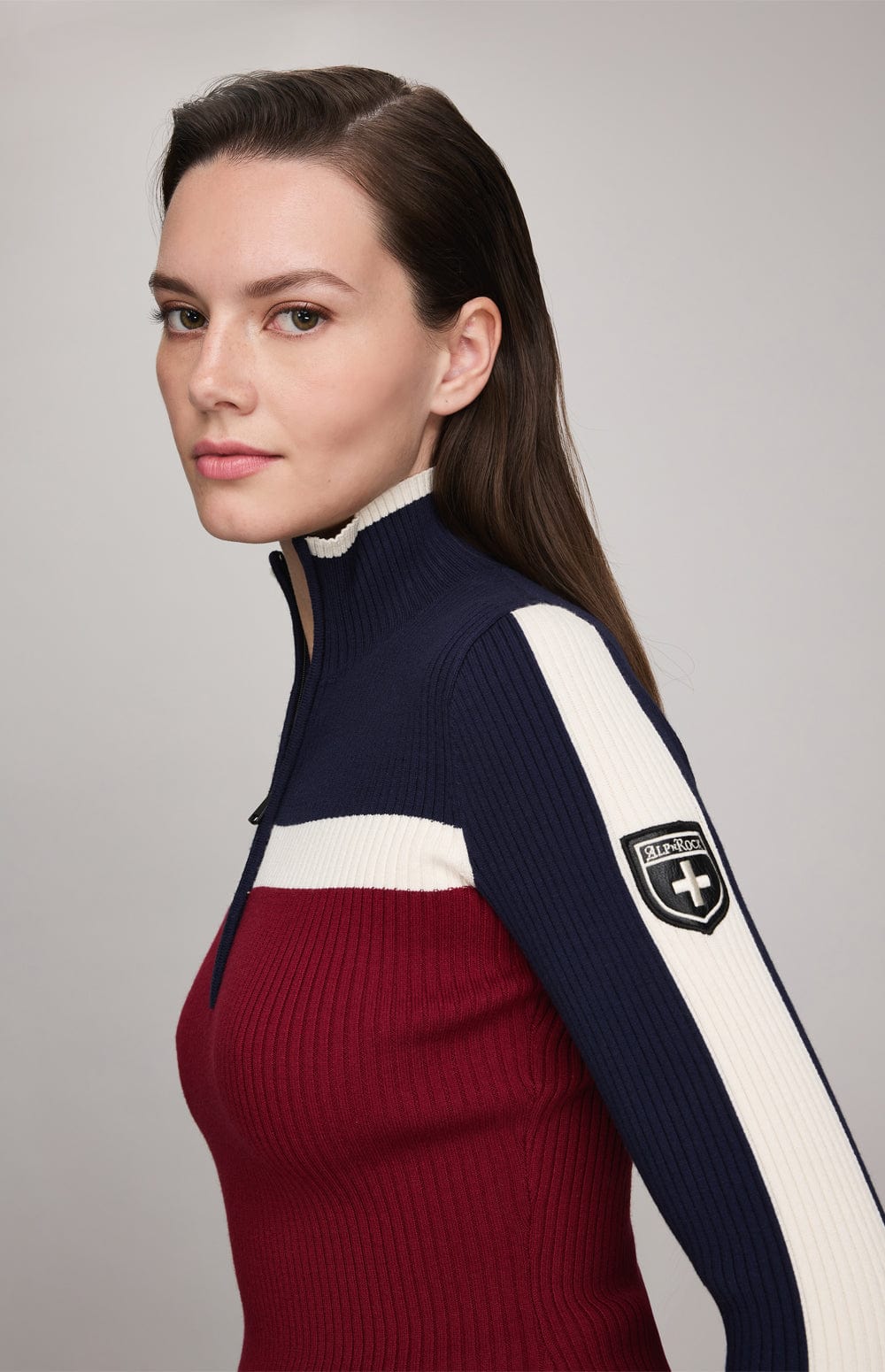 Ali Half-Zip Sweater by Alp N Rock, Women's Ribbed Half Zip Sweater with Navy and White Stripe Top and Red Bodice