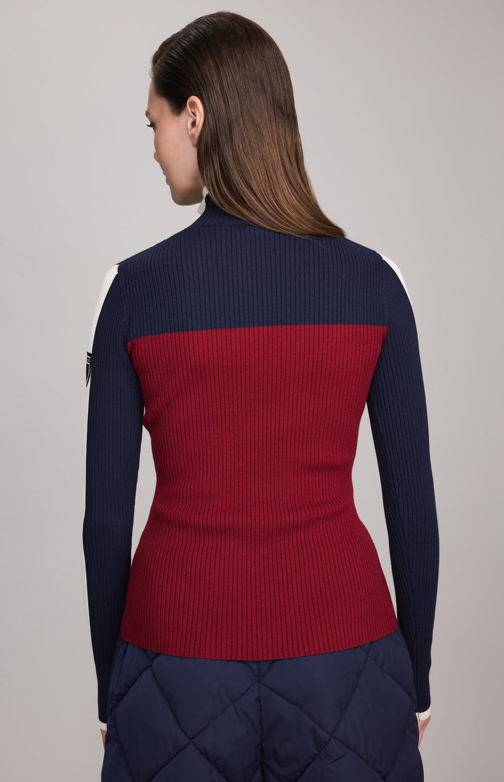 Ali Half-Zip Sweater by Alp N Rock, Women's Ribbed Half Zip Sweater with Navy and White Stripe Top and Red Bodice