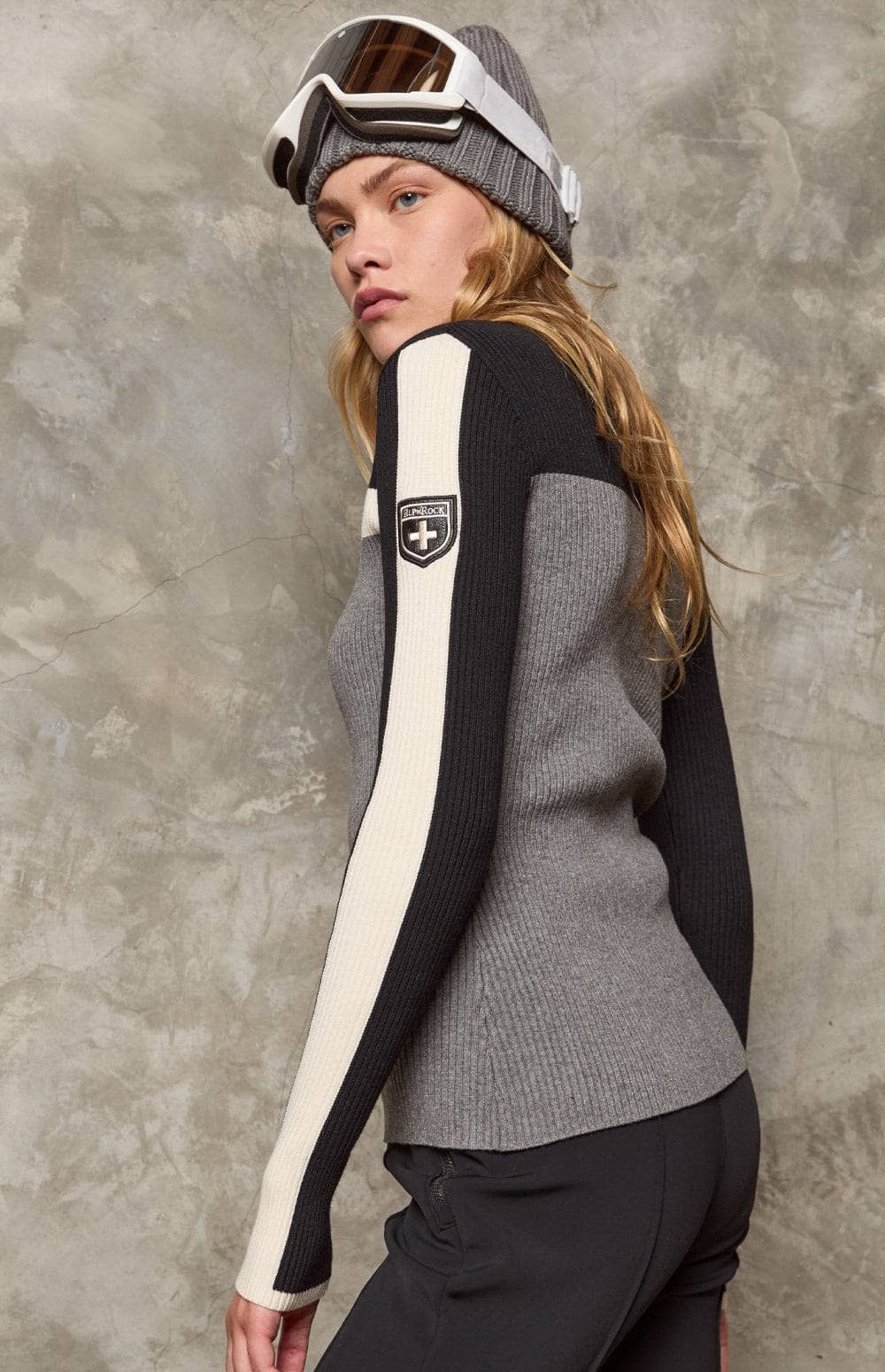 Ali II Half-Zip Sweater by Alp N Rock, Women's Heather Grey Sweater with Ivory and Black Stripes and Half Zip