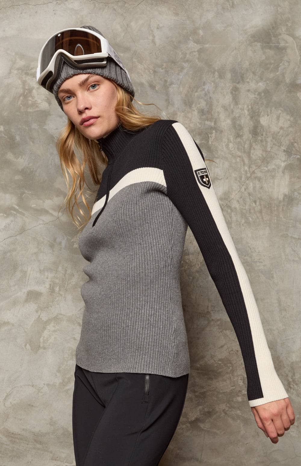 Ali II Half-Zip Sweater by Alp N Rock, Women's Heather Grey Sweater with Ivory and Black Stripes and Half Zip