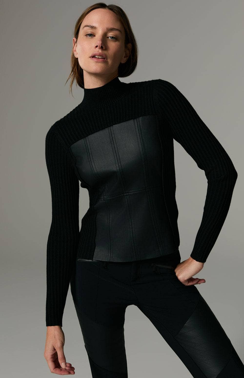 Clara II Sweater by Alp N Rock, Women's Black Sweater with Faux Leather Accent on Front